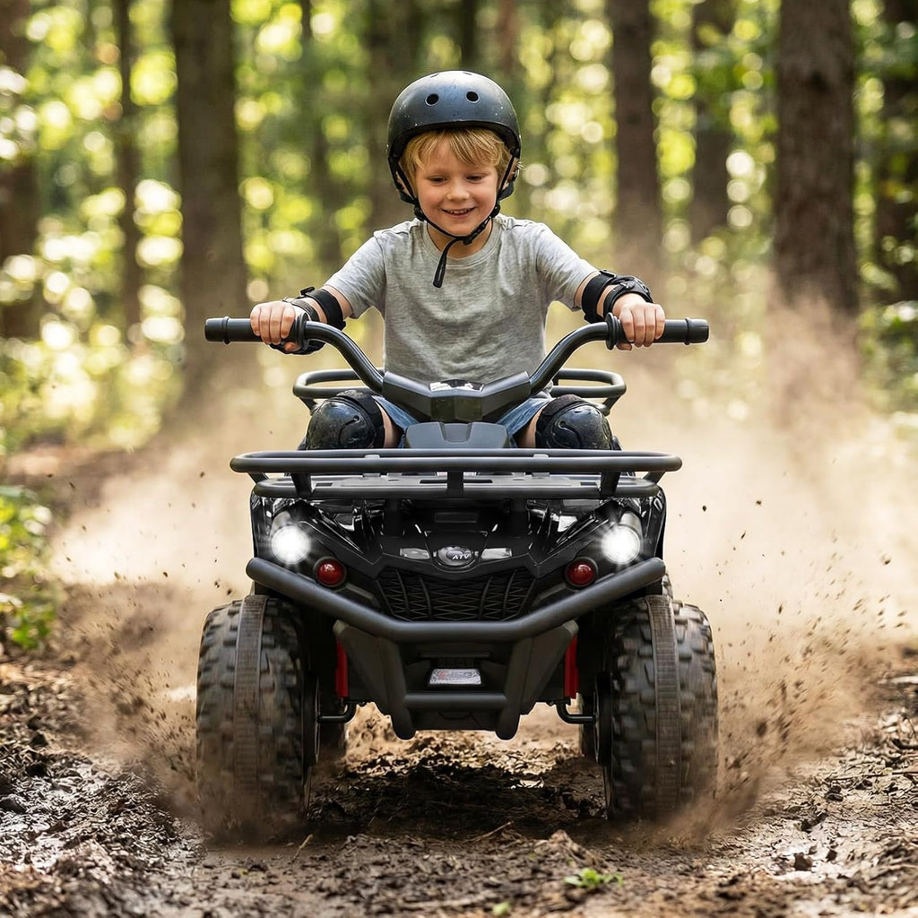 OLAKIDS 24V Kids ATV Quad with 2 Speeds, Spring Suspension, LED Lights, Music & Story Player, Big Tires, 2 Storage Spaces, Ride On Car for Boys Girls Ages 3+ (24V, Dark)