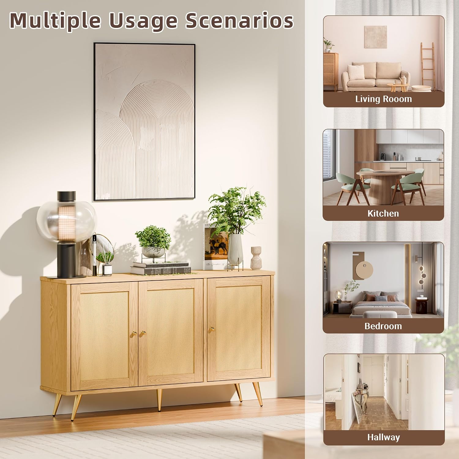 JAMFLY 47.2' Buffet Sideboard Cabinet with Storage, Kitchen Storage with 3 Rattan Decorated Doors, Accent Cabinet for Dining Room, Living Room, Entryway, Hallway, Natural