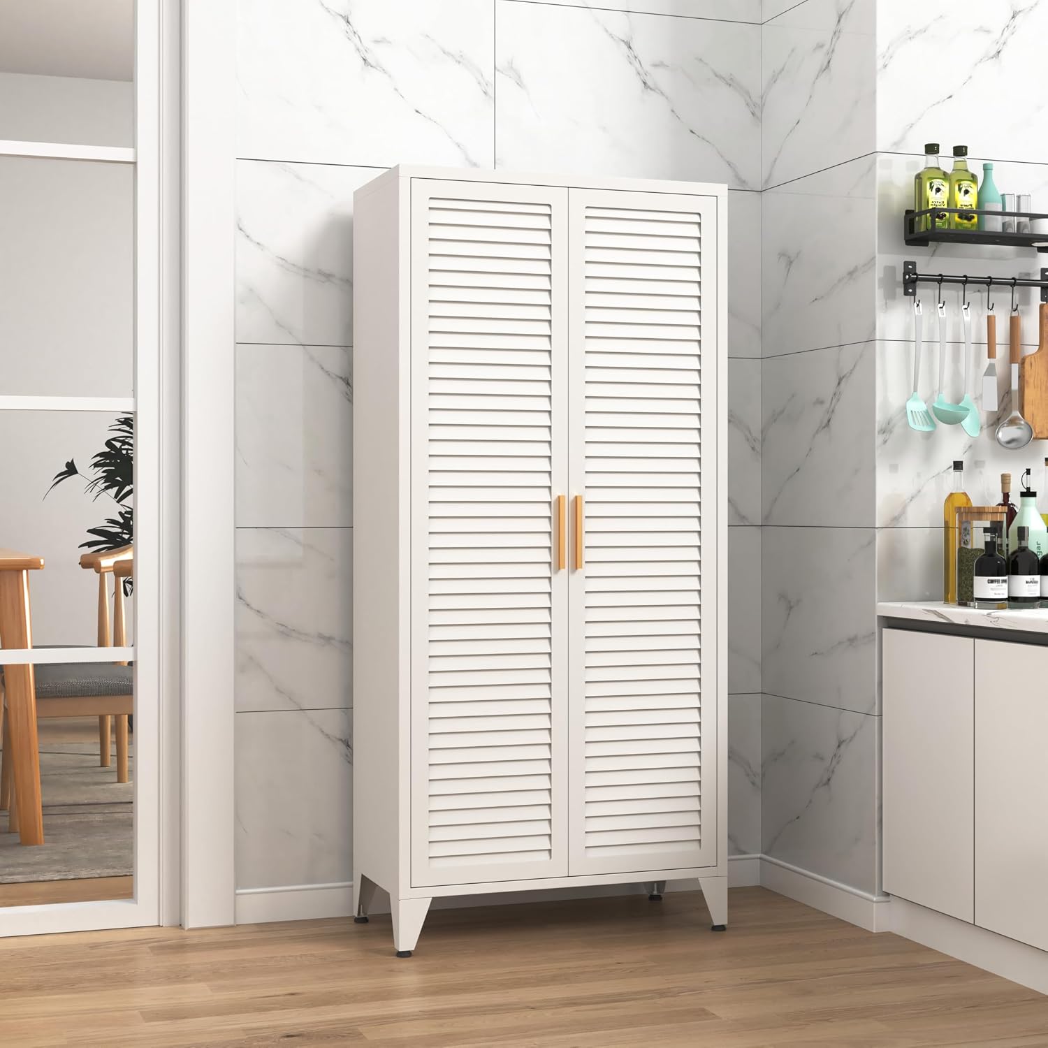 61 'H White Lockable Steel Storage Cabinet,Double Louver Shutter Ventilated Door Metal Wardrobe Cabinet 3 Tier Adjustable Shelves Freestanding Storage Locker for Bedroom,Home Office
