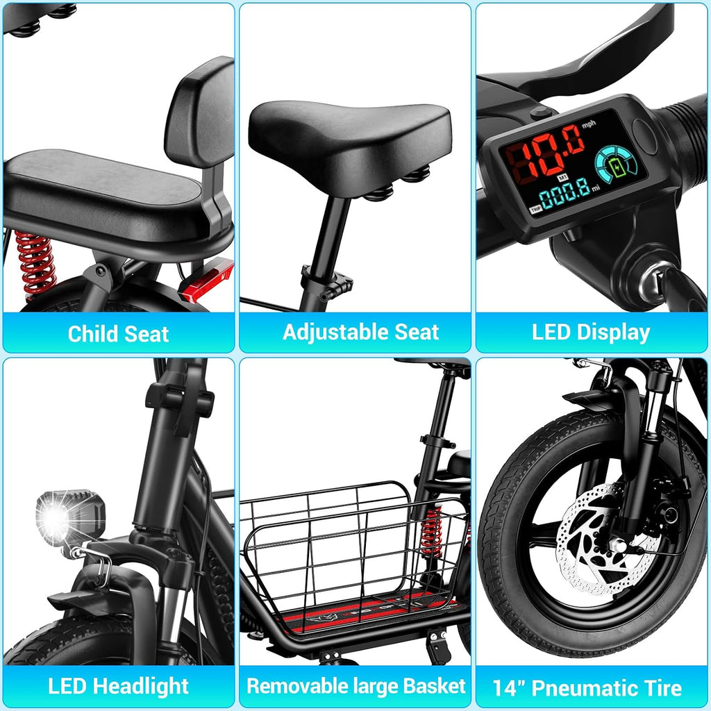 SEHOMY 2 Seater Electric Scooter for Adults 330lbs, Folding Escooters with Seat, 850W Peak Motor, 25/20 Miles Range, 22/15.5 MPH, Storage Basket, Electronic City Commuter Bike Motor Scooters