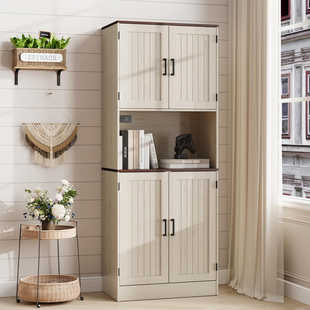 MHOM 71' Tall Pantry Cabinet with Charging Station, Farmhouse Kitchen Hutch with Adjustable Shelves, Modern Kitchen Pantry Storage Cabinet for Dinning Room & Living Room, Antique Oak