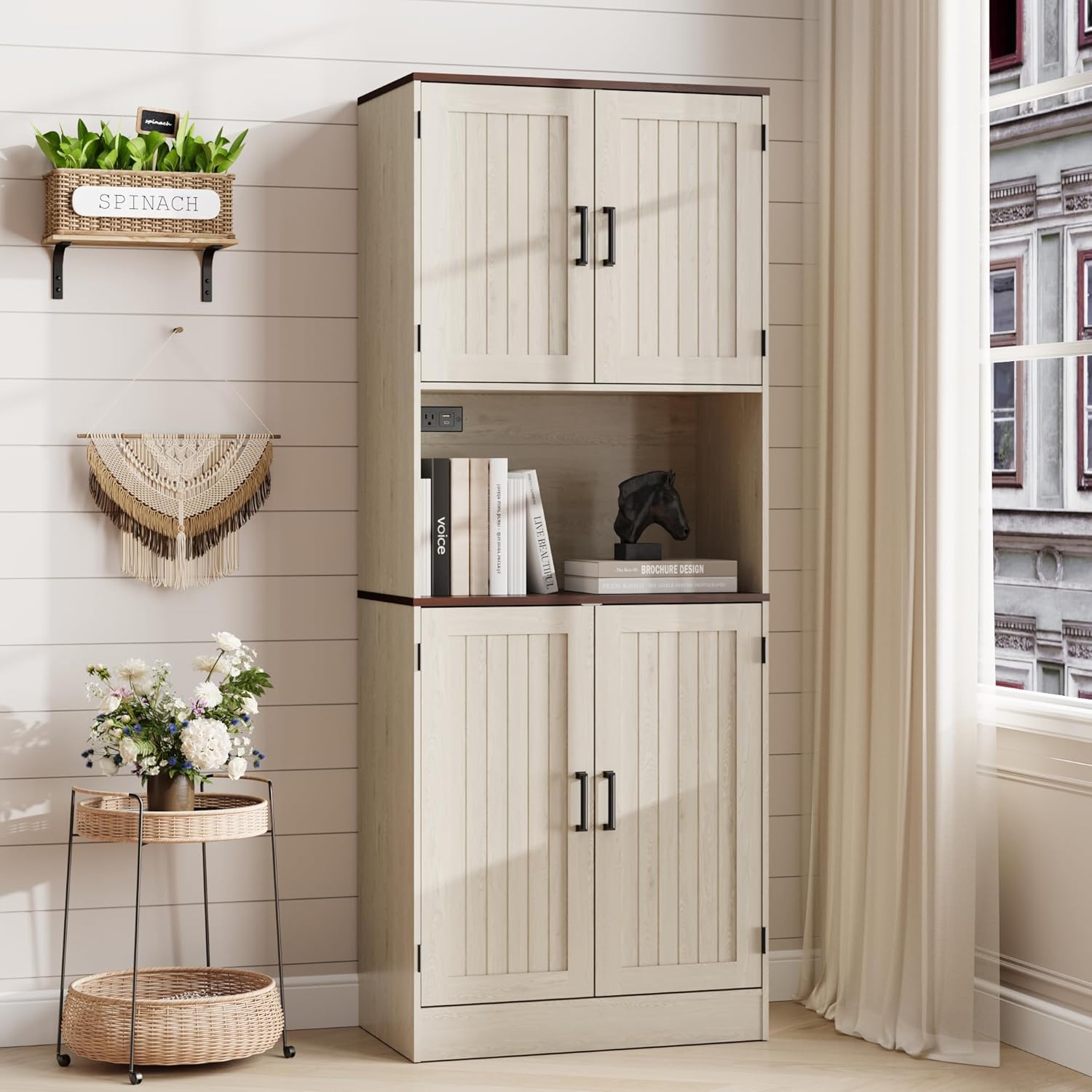 MHOM 71' Tall Pantry Cabinet with Charging Station, Farmhouse Kitchen Hutch with Adjustable Shelves, Modern Kitchen Pantry Storage Cabinet for Dinning Room & Living Room, Antique Oak