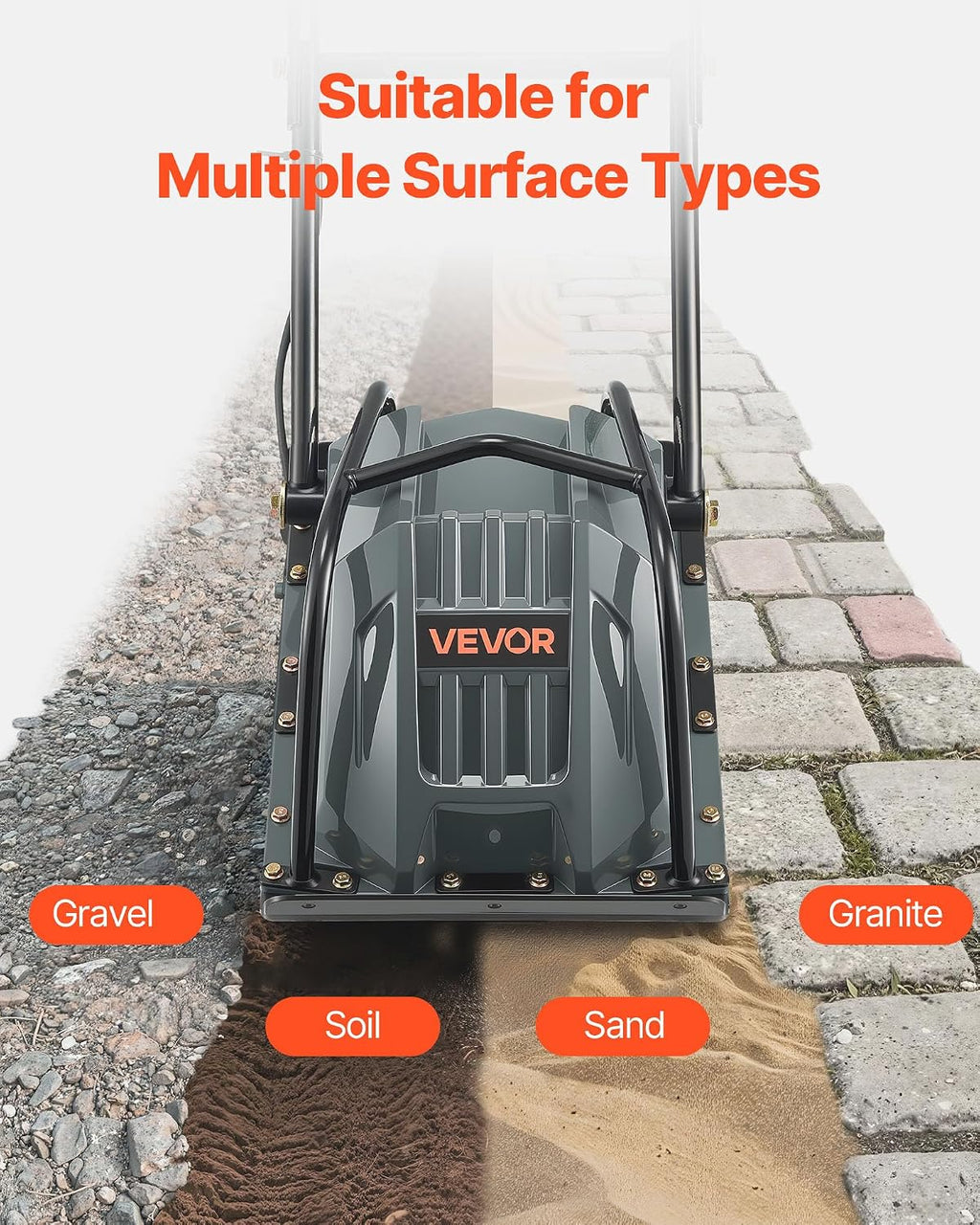 VEVOR Electric Plate Compactor, 130W Output Ground Rammer, 5 kN Force, 3.9 in Depth, 16 m/min Speed, 3304 sq.ft/h Efficiency, Gas Powered Soil Compaction Machine for Driveway, Pavement, Landscaping