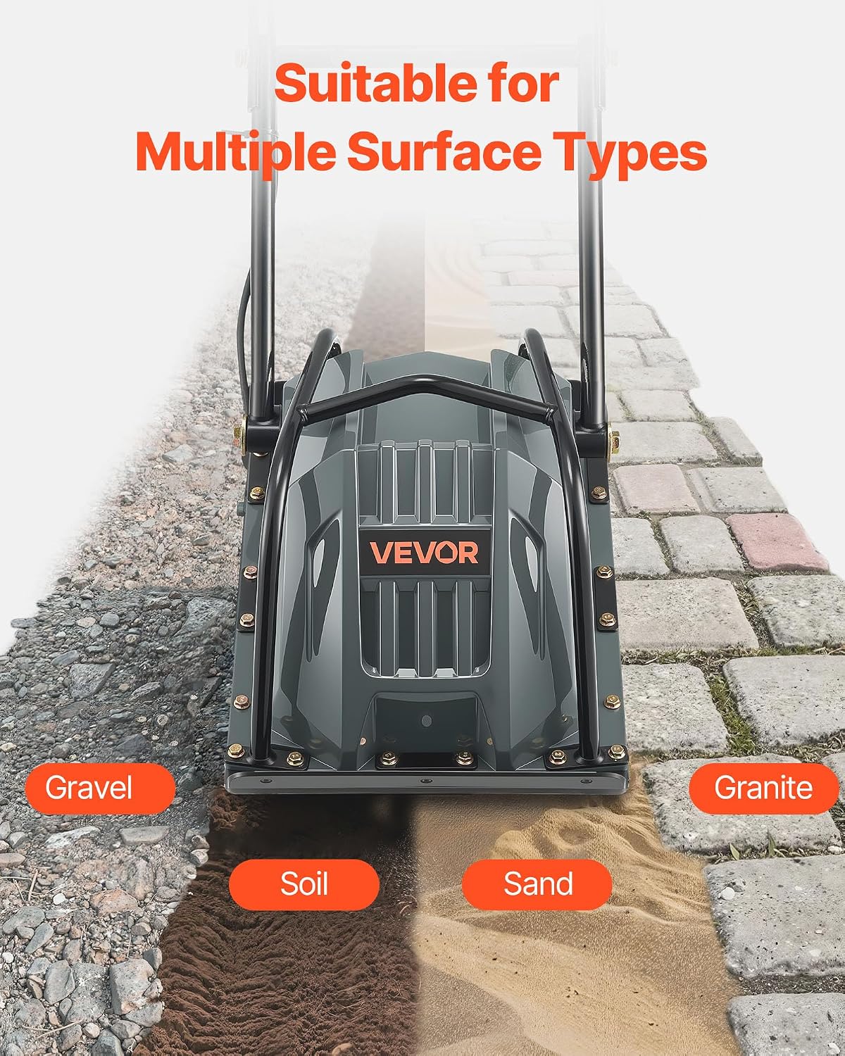 VEVOR Electric Plate Compactor, 130W Output Ground Rammer, 5 kN Force, 3.9 in Depth, 16 m/min Speed, 3304 sq.ft/h Efficiency, Gas Powered Soil Compaction Machine for Driveway, Pavement, Landscaping