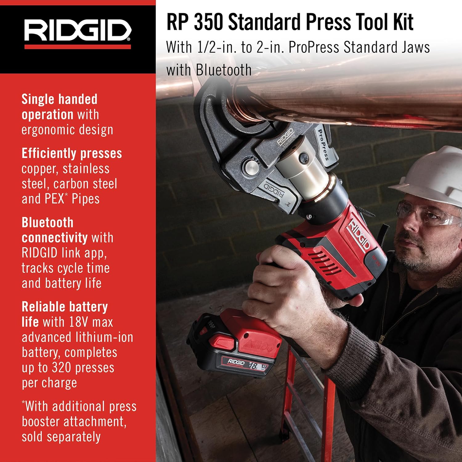 RIDGID 67053 RP 350 ProPress 8-Piece Pressing Tool Kit with 18-Volt Battery, Charger, 4 ProPress Press Tool Jaws (1/2' to 2'), and Case