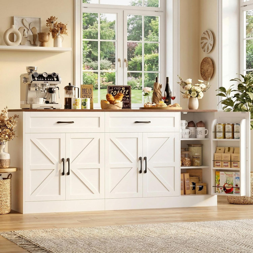 BOTLOG 71' Large Sideboard Buffet Cabinet with Storage, Farmhouse Buffet Cabinet with Adjustable Shelves and 3 Door Shelves, Wood Coffee Bar Console Table for Kitchen, Dining Room (White)