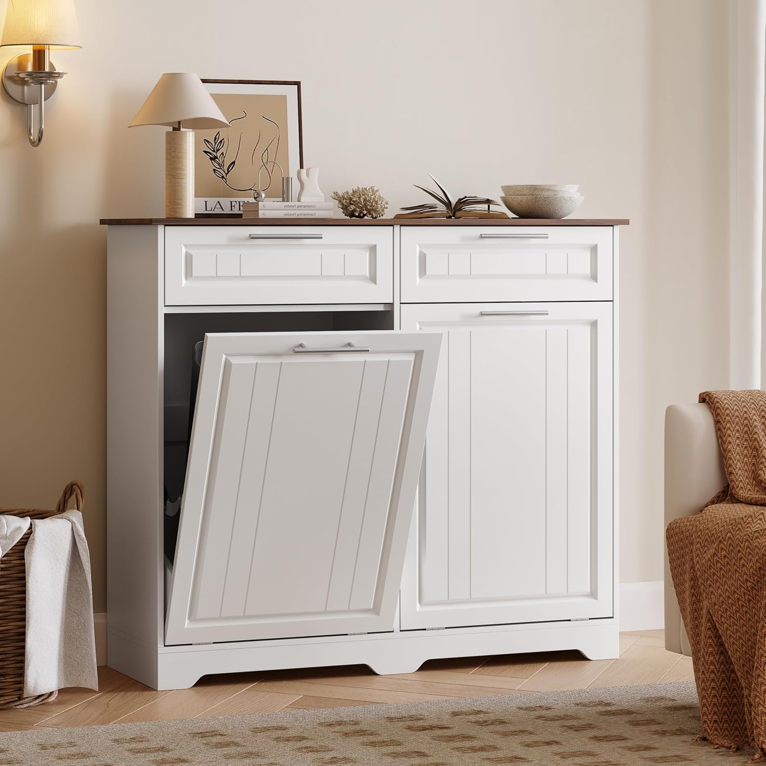 2 x 10 Gallon Double Tilt Out Trash Can Cabinet with Deodorizing Function & Charging Station, Hidden Laundry Hamper Cabinet with Storage Drawers, Garbage Can Holder for Kitchen, Bathroom, White