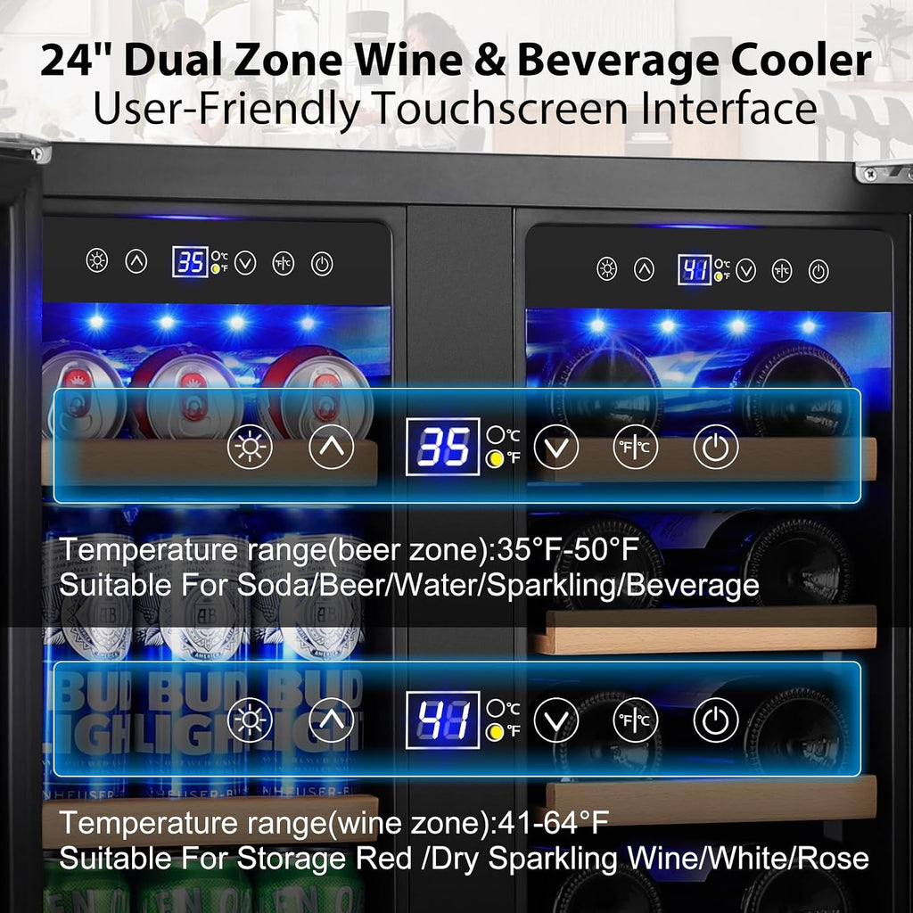 ORYMUSE 24 Inch Dual Zone Wine and Beverage Refrigerator, Built-in or Freestanding Cooler with French Doors, Under Counter Drink Fridge with Upgraded Compressor for Beer, Wine, and Soda