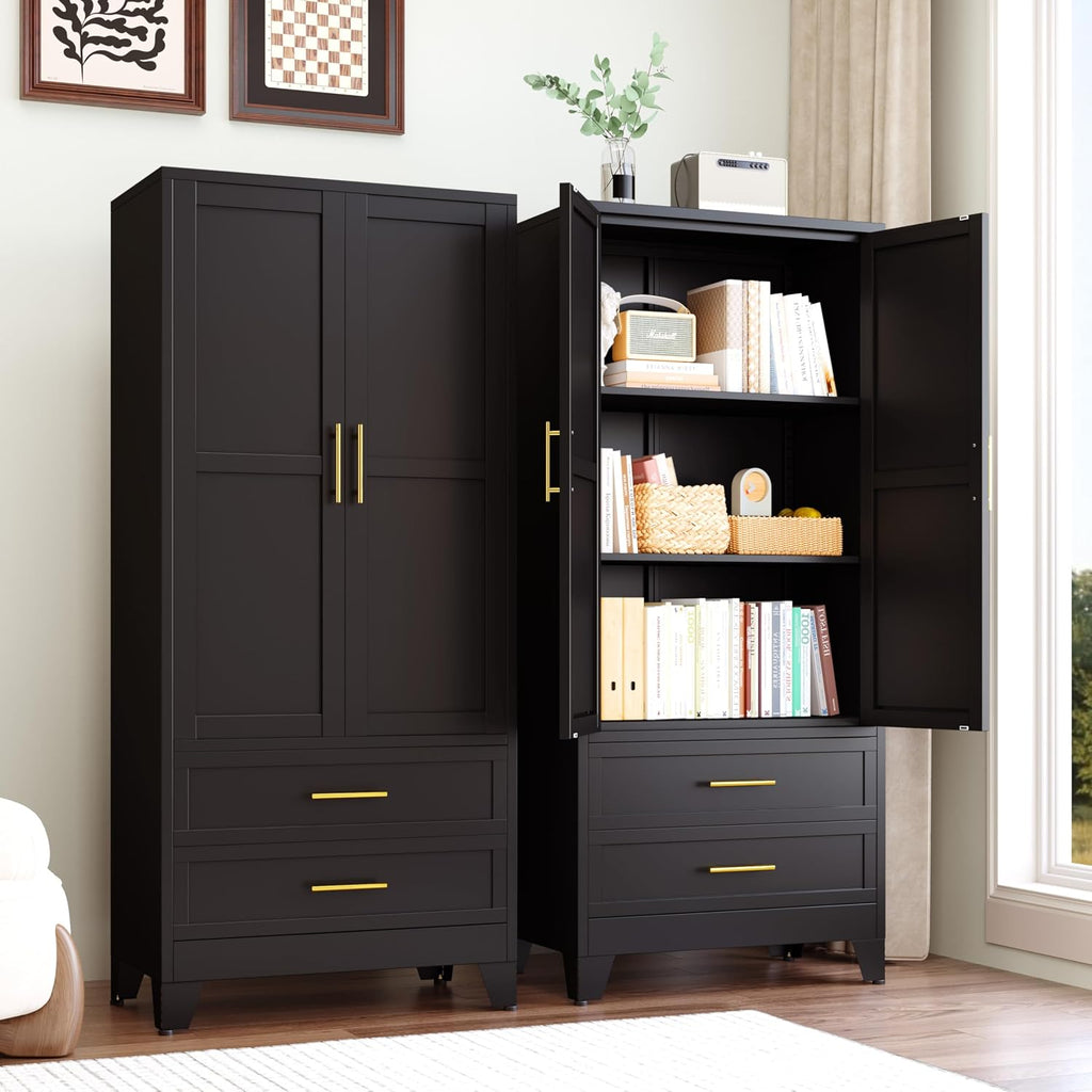 GAIOUS 71' Tall Metal Pantry Cabinet, Steel Storage Cabinets with 2 Drawers | 2 Adjustable Shelf and 2 Doors, Used as Kitchen cabinet, Freestanding Cupboard for Kitchen, Office, Living Room (Black)