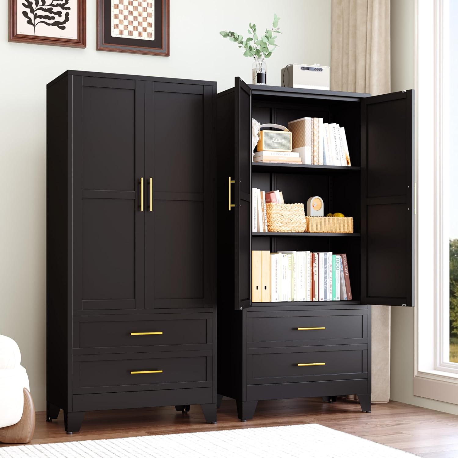 GAIOUS 71' Tall Metal Pantry Cabinet, Steel Storage Cabinets with 2 Drawers | 2 Adjustable Shelf and 2 Doors, Used as Kitchen cabinet, Freestanding Cupboard for Kitchen, Office, Living Room (Black)