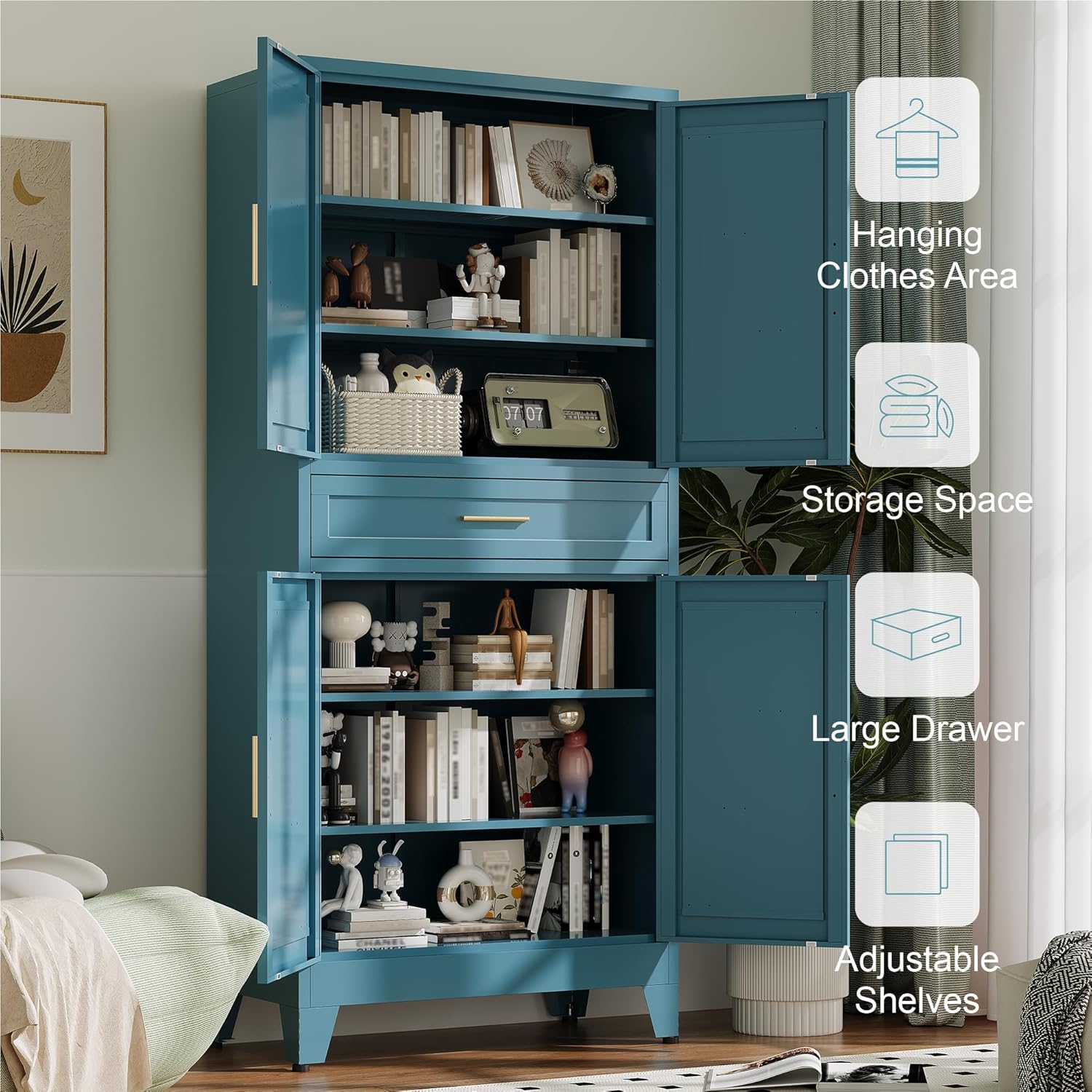 Baborokic 71' Tall Metal Storage Cabinet with Adjustable Shelves,Farmhouse Kitchen Pantry Cabinet with 2 Barn Doors and Drawer,Large Storage Cabinets for Dining Room,Bathroom,Living Room(Blue)