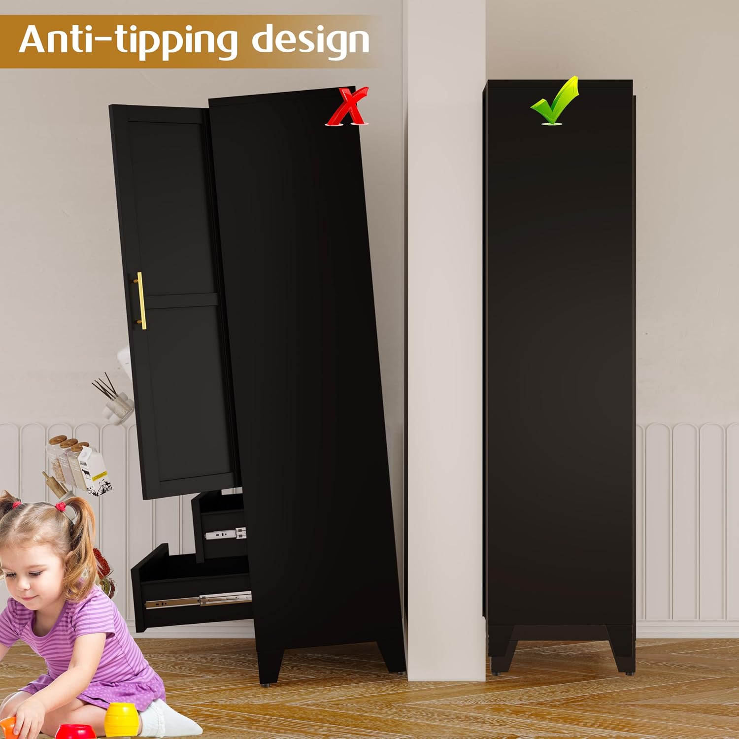 GAIOUS 71' Tall Metal Pantry Cabinet, Steel Storage Cabinets with 2 Drawers | 2 Adjustable Shelf and 2 Doors, Used as Kitchen cabinet, Freestanding Cupboard for Kitchen, Office, Living Room (Black)