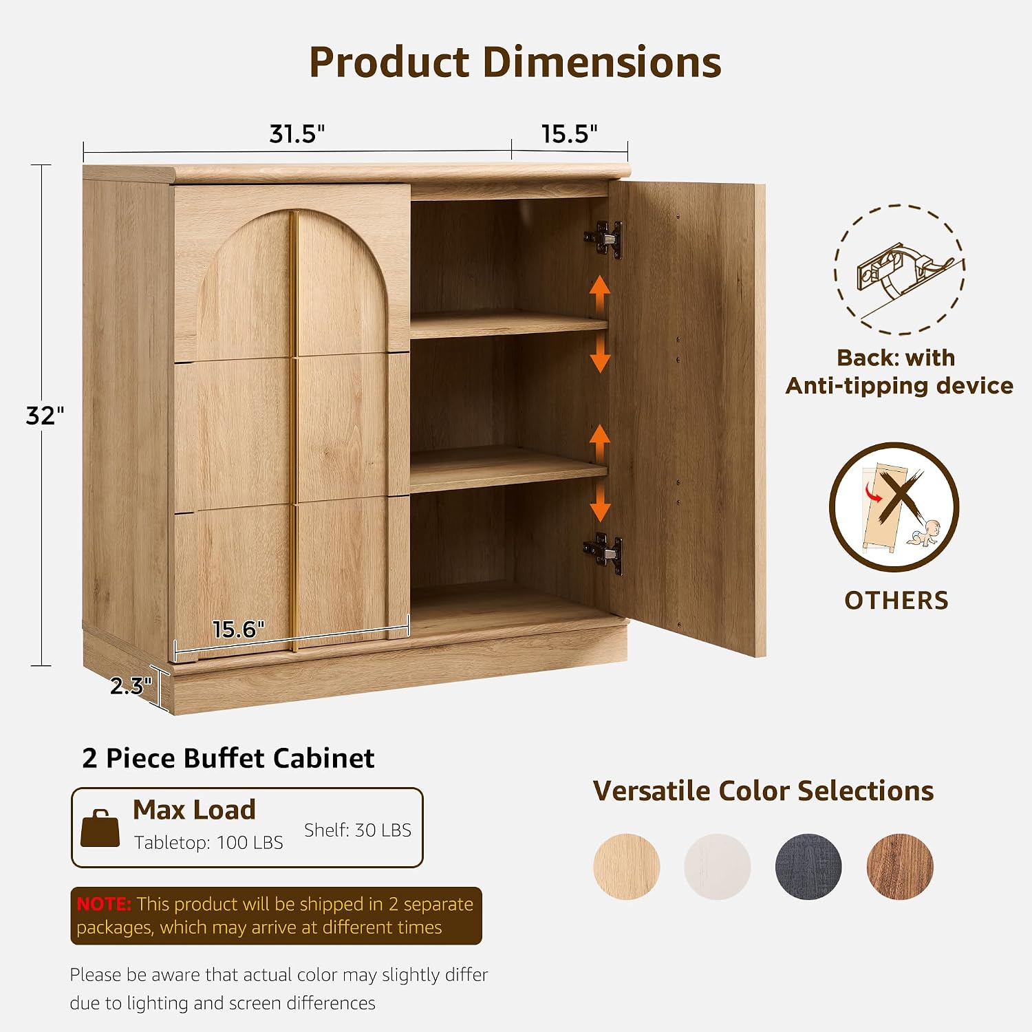 ACCOHOHO 63 Inch Sideboard Buffet Cabinet with Storage & Arched Doors, Wood Coffee Bar Tables with Adjustable Shelf for Living Room, Kitchen, Entryway, Natural Oak