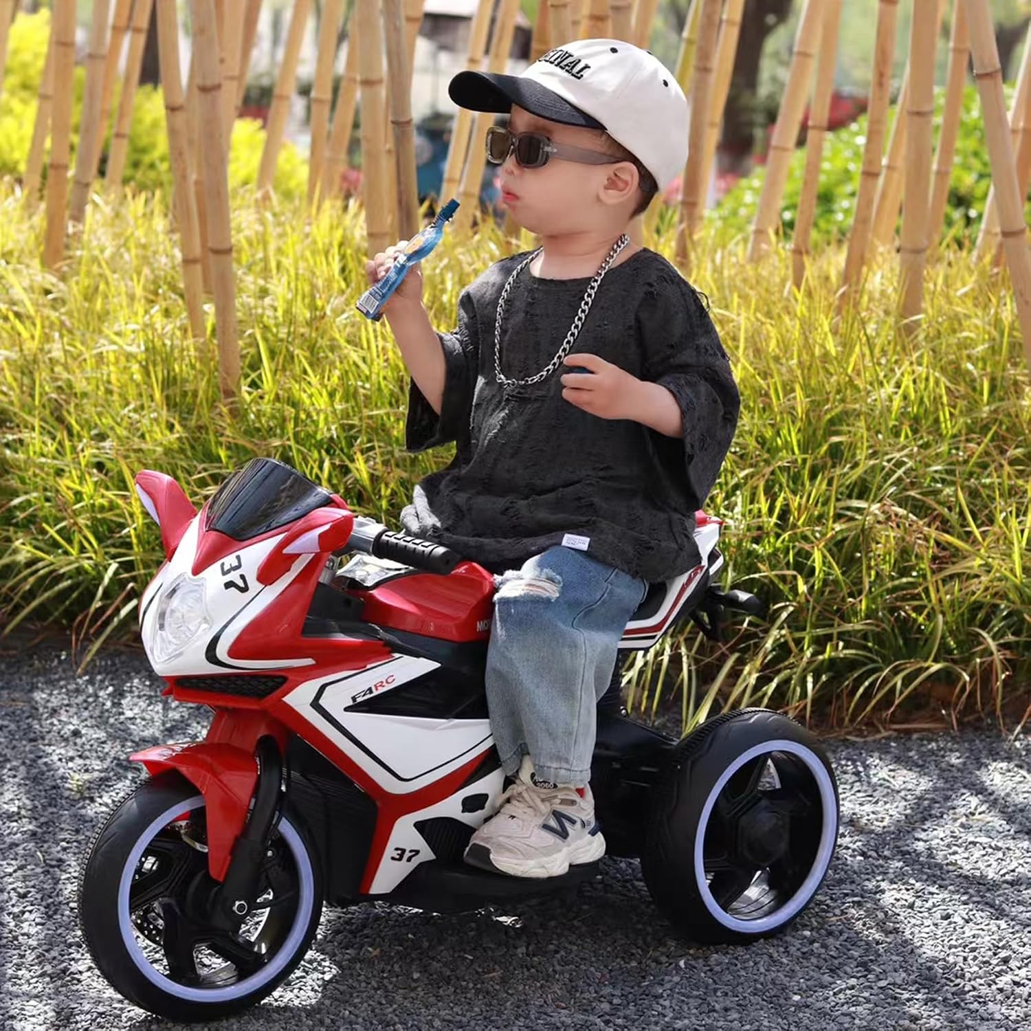 Ride on Motorcycle, Rechargeable Ride on Toys, Tamco Motorcycle for Kids 3 to 4 Years Boys Girls with Foot Pedal Starter, Music/Lights/Lighting Wheels (RED)