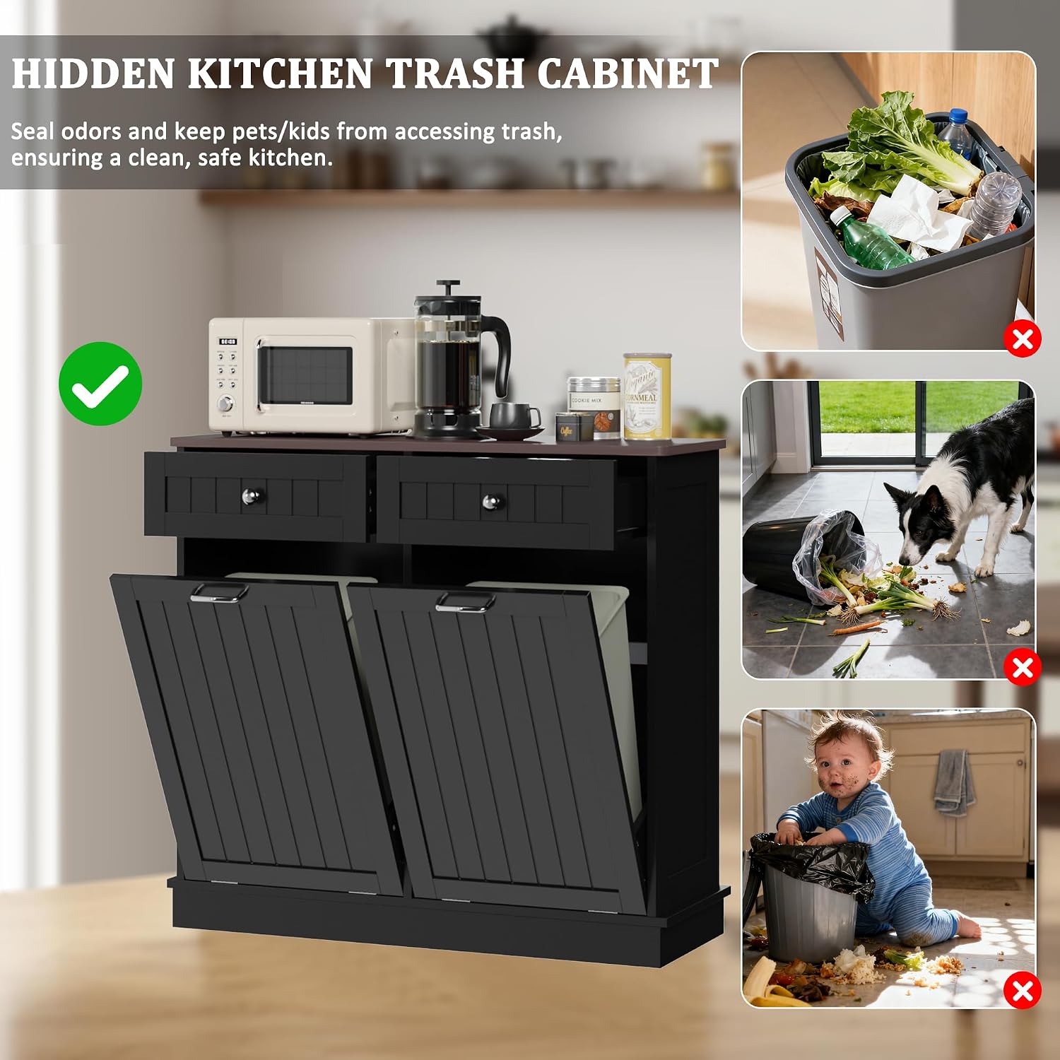 KIGOTY Double Tilt Out Trash Can Cabinet, 20 Gallon Hidden Trash Storage Cabinet with 2 Hideaway Drawers, Freestanding Trash Can for Kitchen, Wooden Laundry Hamper Cabinet, Pet Proof (Black)