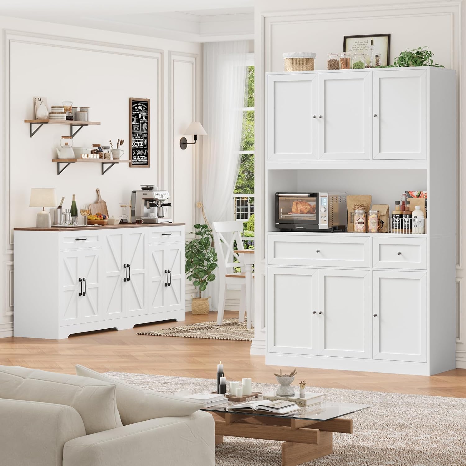 BOTLOG 2PCS Kitchen Cabinets, 71' Large Sideboard Buffet Cabinet with Storage, 72' Tall Pantry Cabinet with Microwave Stand, Wood Coffee Wine Bar Console Table for Kitchen, Dining Room, White