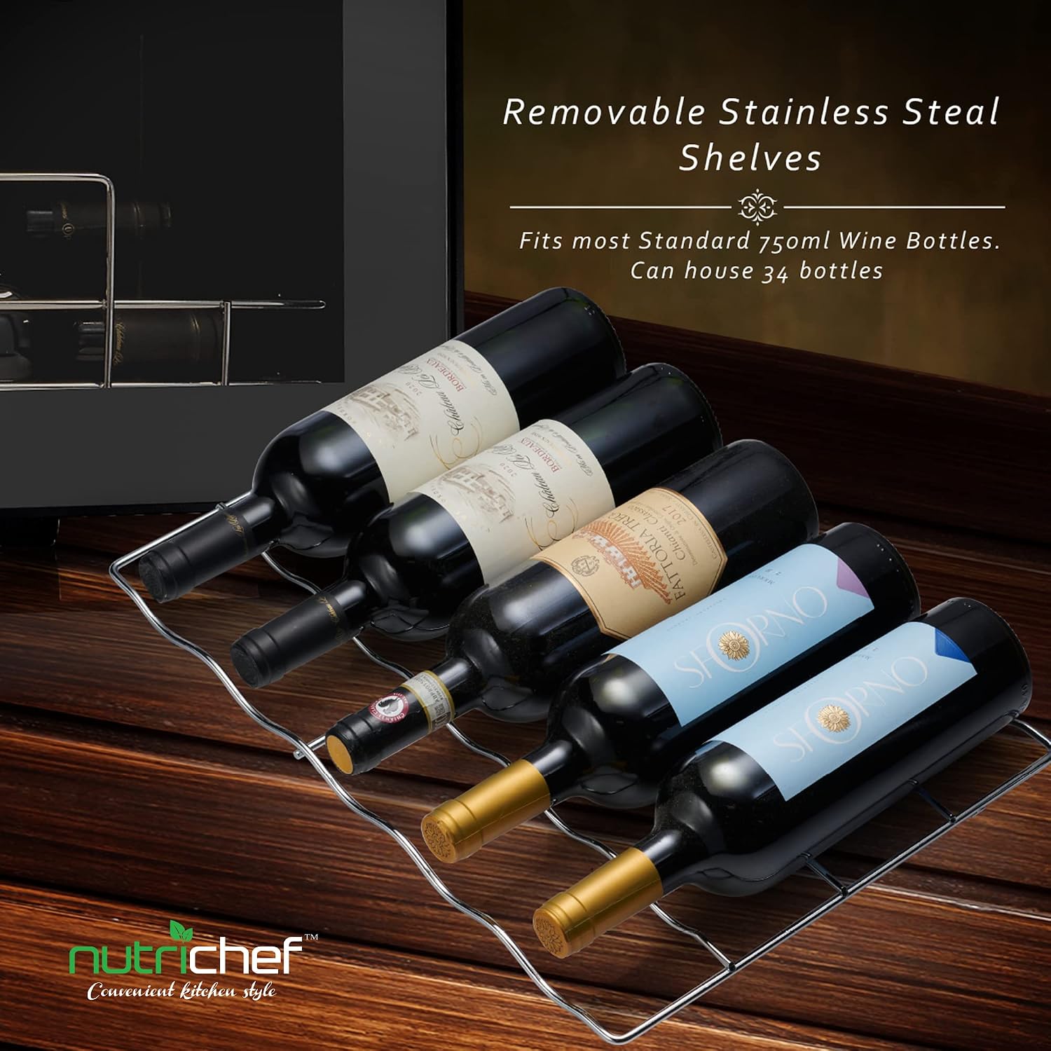 NutriChef PKCWC340 Wine Fridge, 34 Bottle Single Zone Beverage Chiller, 93.5L Capacity, 33x19x17 IN, Black