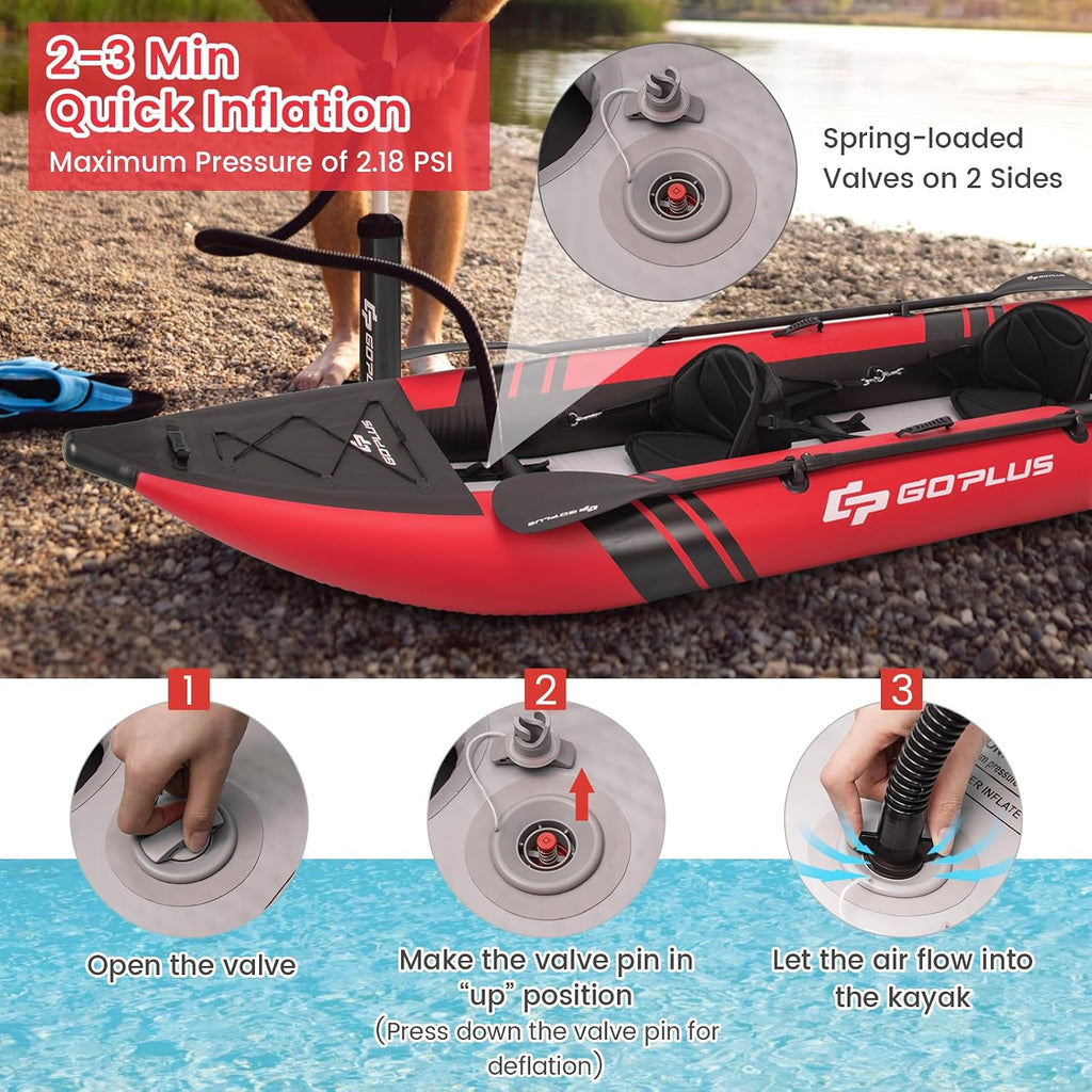 Goplus Tandem Inflatable Kayak, 12.5FT 2-Person Kayak for Adults w/507 LBS Weight Capacity, 2 Aluminium Oars, Padded Seat, 2 Fins, Hand Pump, Carry Bag, Repair Kit, Portable Touring Kayaks