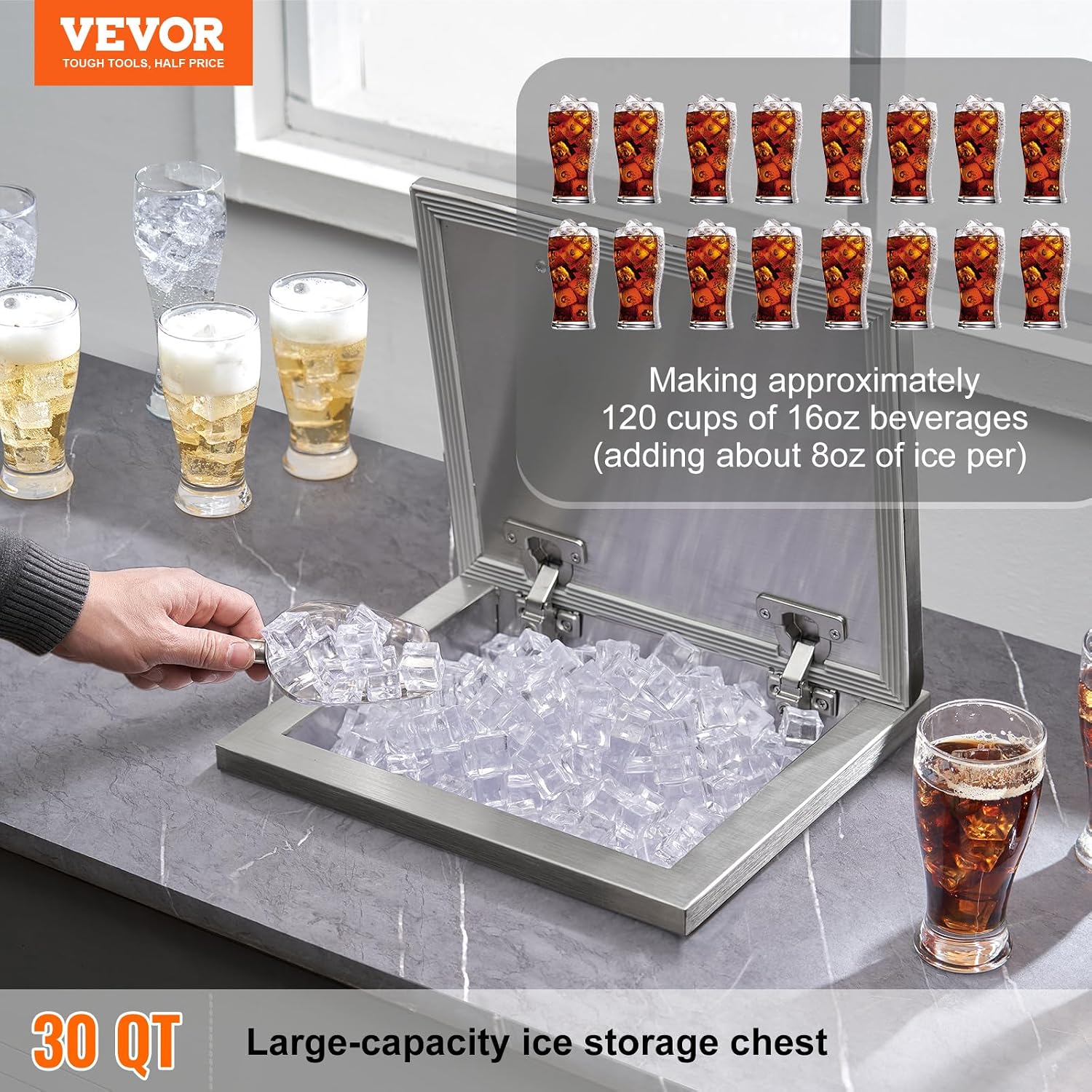 VEVOR Drop in Ice Chest, 14' L x 12' W x 18' H Stainless Steel Ice Cooler, Commercial Ice Bin with Hinged Cover, 40 qt Outdoor Kitchen Ice Bar, Drain-Pipe and Drain Plug Included, for Cold Wine Beer