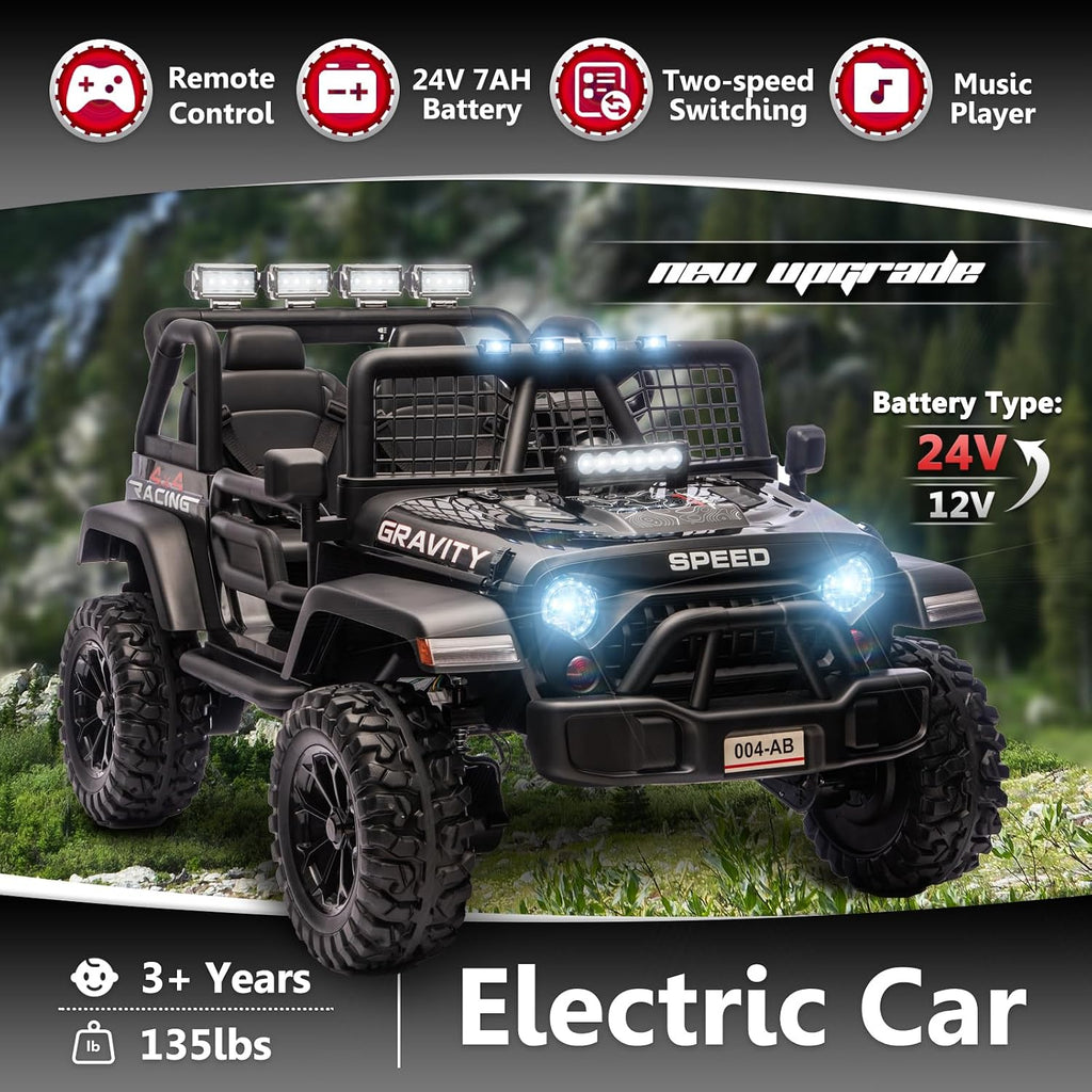 Sopbost 24V 7Ah 2 Seater Ride On Truck Ride On Toy for Big Kids Ride On Car with Remote Control Off-Road Electric Car with Shock Absorber, LED Lights, Bluetooth Music Player, EVA Tires, Black