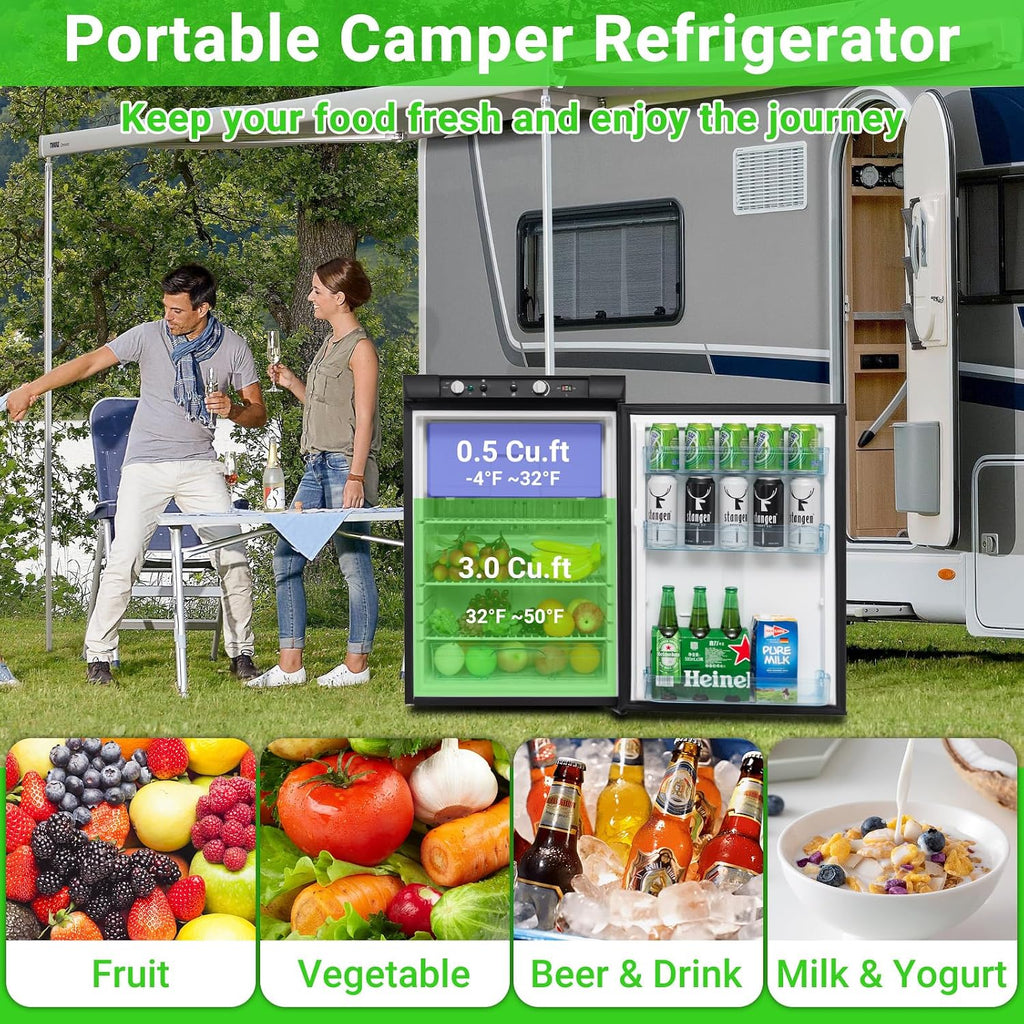 Smad RV Refrigerator 3.5 Cu.ft, 3 Way Propane Refrigerator LPG/110V/12V, RV Fridge with Freezer, Outdoor Kitchen Fridges for Camper, Semi Truck, Campervan, Travel, Black