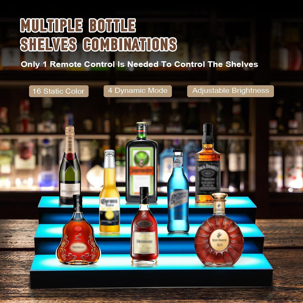 Dollate 3 Tiers 30 Inch LED Lighted Liquor Bottle Display, LED Tabletop Wine Shelves, Adjustable Lighting & Colors Liquor Storage Rack for Home Bar