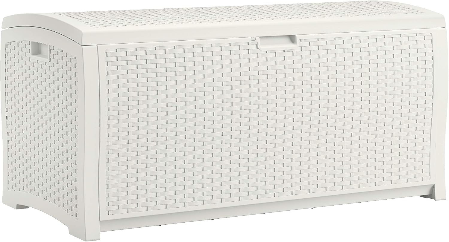 Suncast 99 Gal Resin Wicker Patio Storage Box - Water Resistant Outdoor Storage Container White & 33 Gal Hideaway Trash Can for Patio - Resin Outdoor Trash with Lid