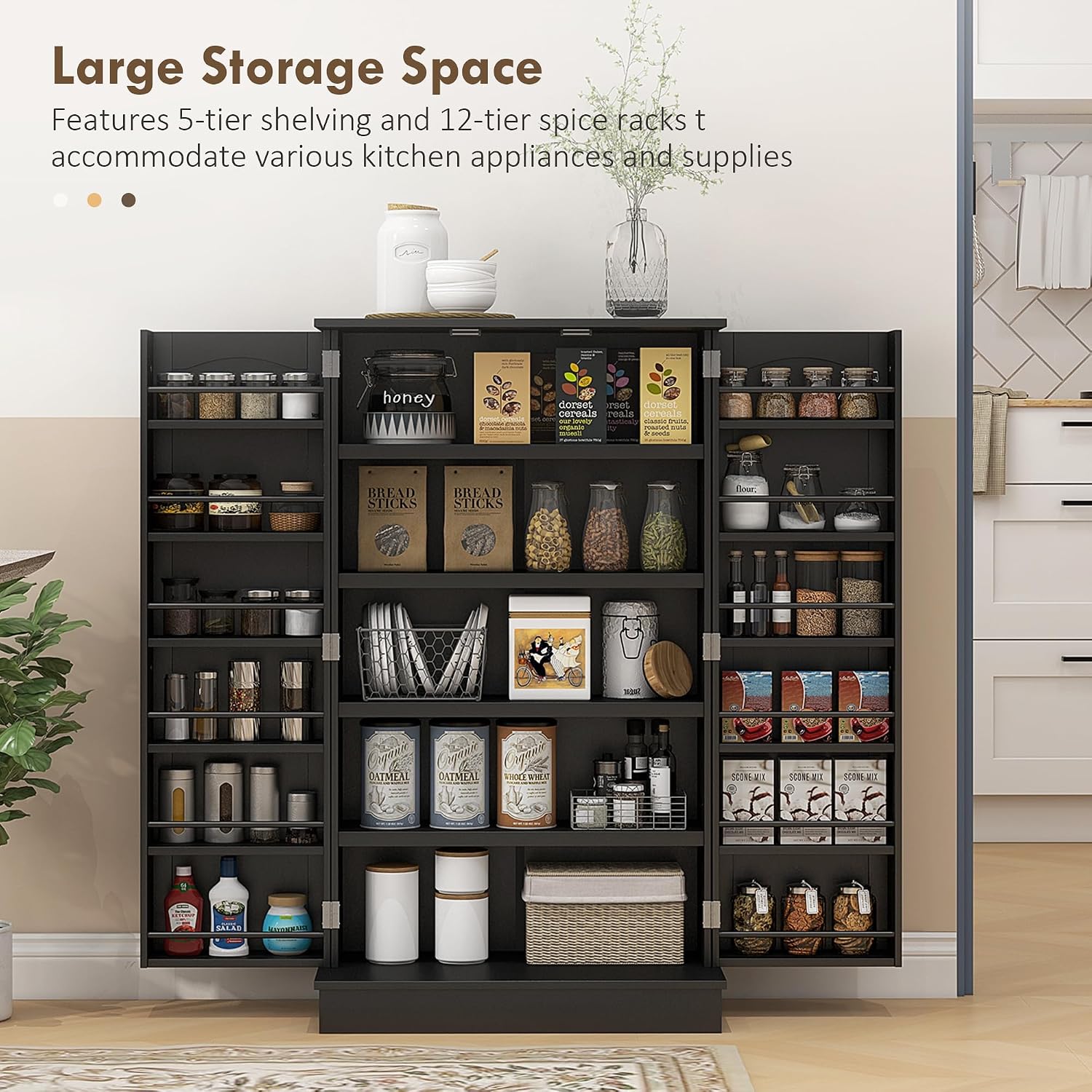 HOMCOM 41' Kitchen Pantry Storage Cabinet, Freestanding Kitchen Cabinet with 12 Door Shelves, Double Doors, 5-Tier Shelving and Adjustable Shelves, Black