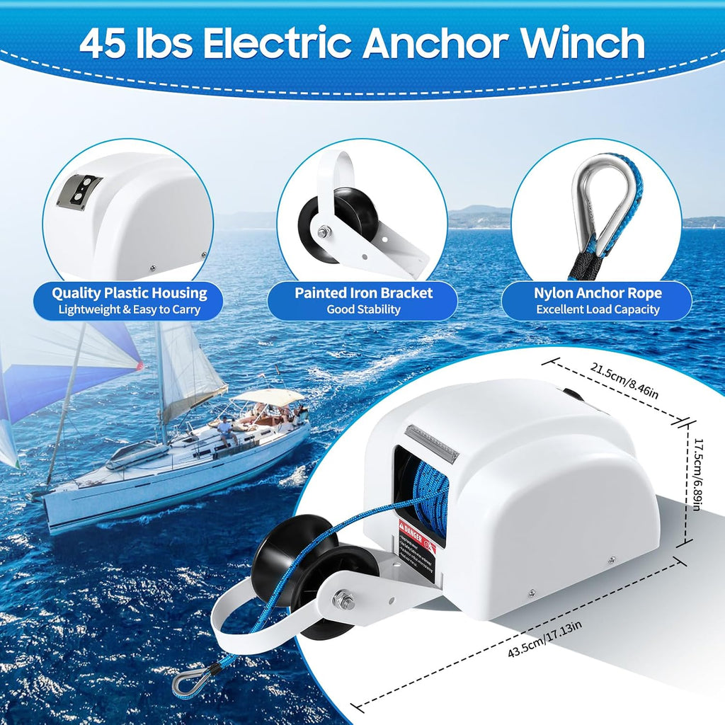 OUKANING Boat Electric Anchor Winch, Anchors Up to 25/35/45 LBS, 12-Volt DC Boat Anchor Wench with Wireless Remote Control, High-Efficiency Marine Saltwater Anchor Windlass Kit Includes 100-feet Rope