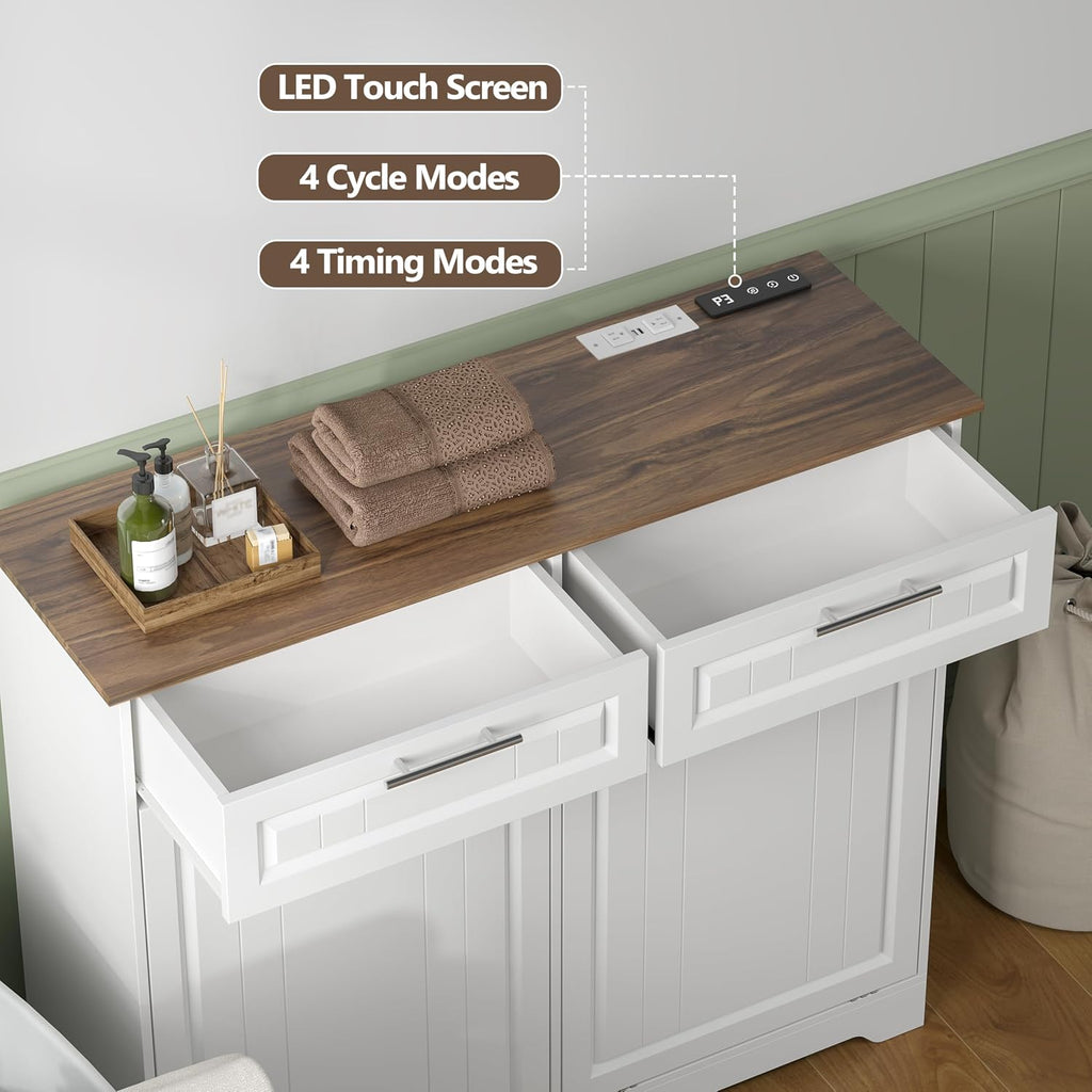 2 x 10 Gallon Double Tilt Out Trash Can Cabinet with Deodorizing Function & Charging Station, Hidden Laundry Hamper Cabinet with Storage Drawers, Garbage Can Holder for Kitchen, Bathroom, White