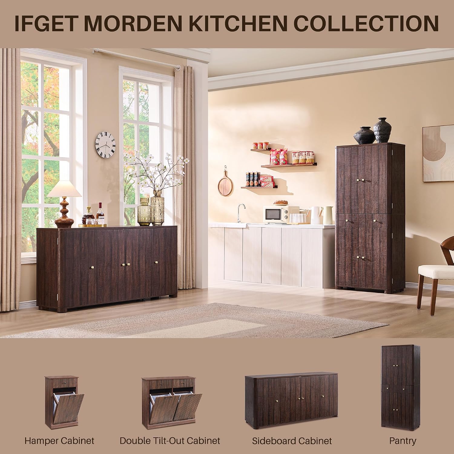 IFGET Curved Buffet Cabinet with Doors, 66' Large Sideboard Buffet Storage Cabinet with 4 Doors and Shleves, Modern Coffee Bar Station Wood Kitchen Table for Kitchen, Dining Room, Borwn