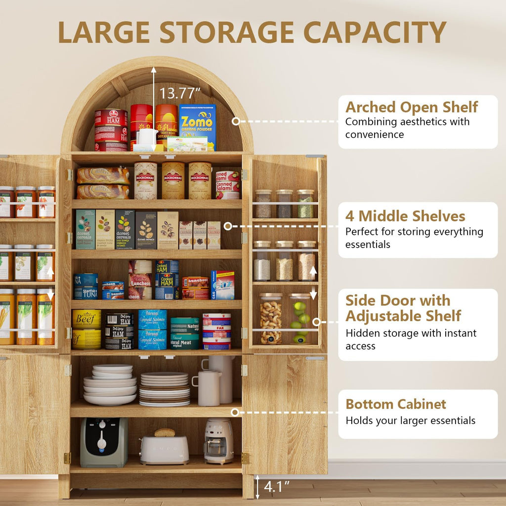Arched Cabinet, 71' Tall Arched Kitchen Pantry Storage Cabinet with Doors, Modern Fluted Kitchen Storage Cabinet with Adjustable Shelves, Natural Cupboard for Kitchen, Dining Room, Bathroom