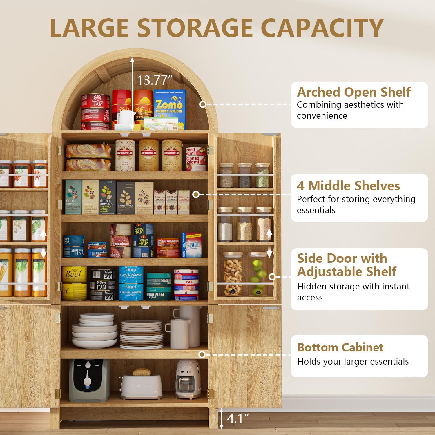 Arched Cabinet, 71' Tall Arched Kitchen Pantry Storage Cabinet with Doors, Modern Fluted Kitchen Storage Cabinet with Adjustable Shelves, Natural Cupboard for Kitchen, Dining Room, Bathroom