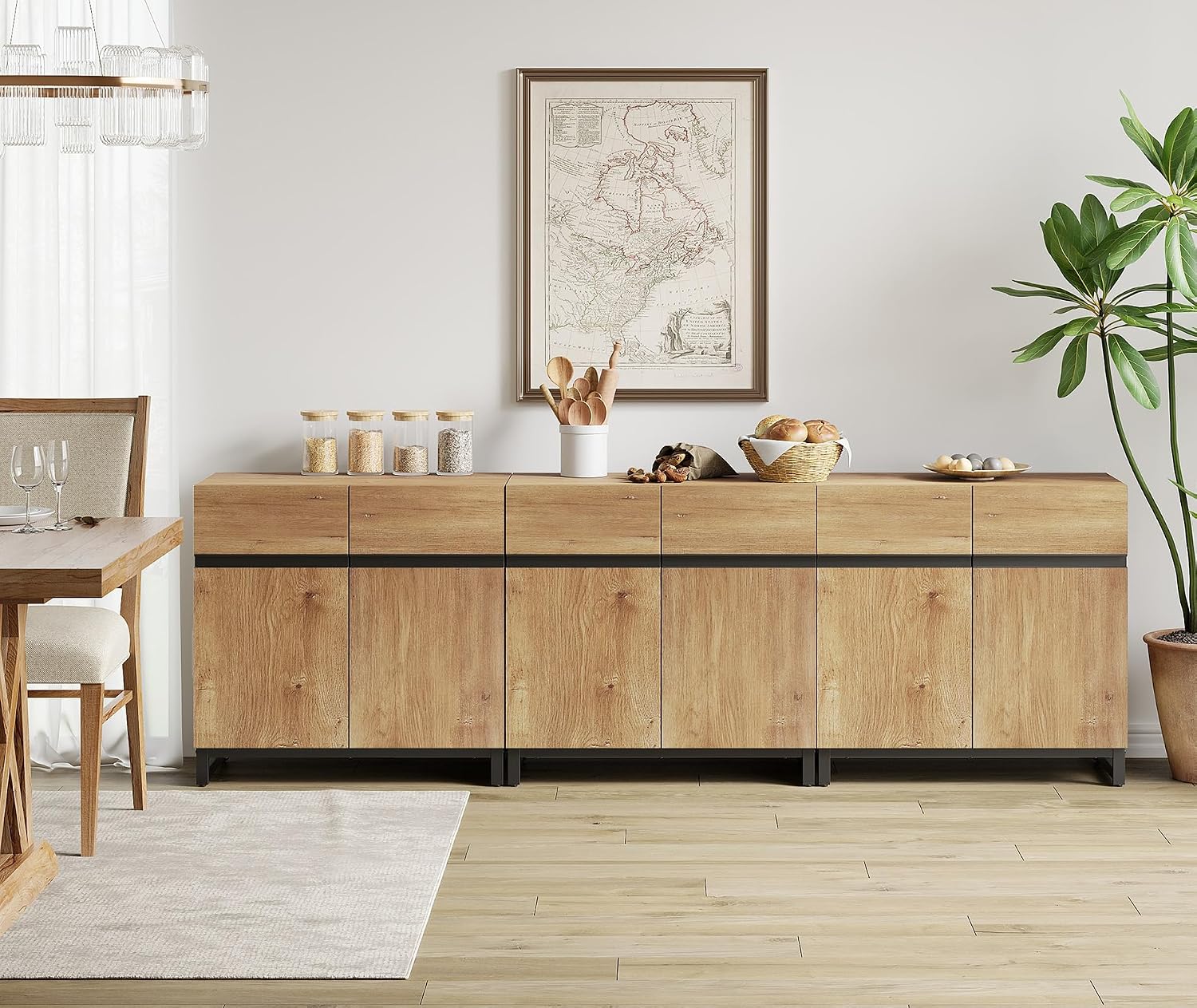 WAMPAT Sideboard Buffet Cabinets, Modern Sideboard with Adjustable Shelf and Metal Base, Coffee Bar Cabinet Storage Cabinet for Living Room, Kitchen, 3Pcs, Oak
