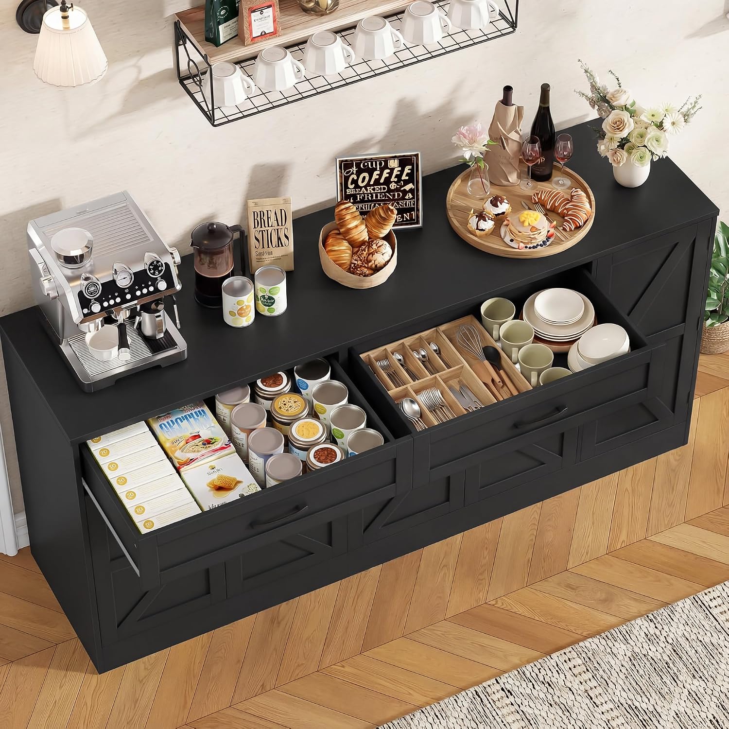 BOTLOG 71' Large Sideboard Buffet Cabinet with Storage, Farmhouse Buffet Cabinet with Adjustable Shelves and 3 Door Shelves, Wood Coffee Bar Console Table for Kitchen, Dining Room (Black)