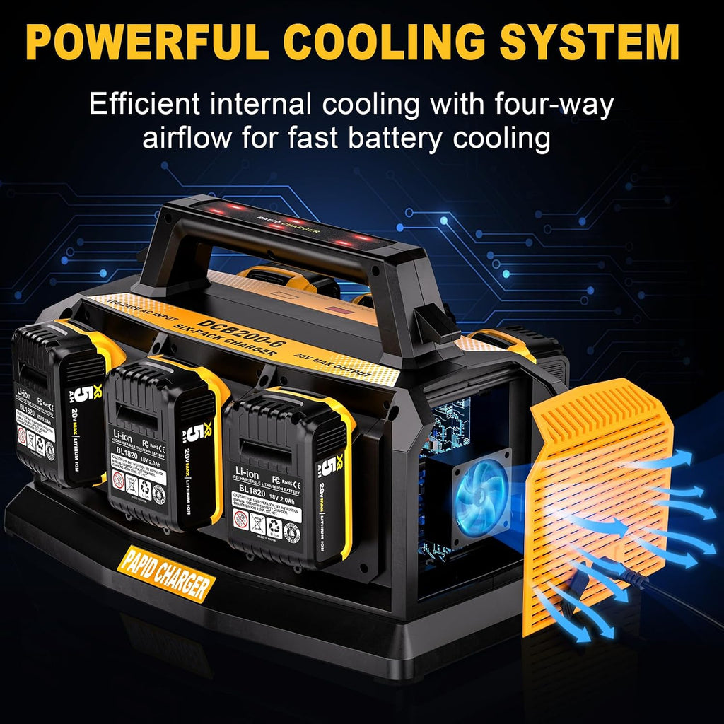 Adisipsoarin Super Battery Charger for Dewalt 20v Battery, 6-Ports Simultaneous Rapid Charger Station Compatible with Dewalt 20v Lithium Ion Battery and Tools DCB104 Charger
