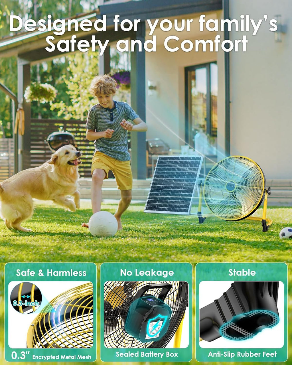 ZHULI 18' Solar Fan, Portable Battery Operated Floor Fan, Rechargeable Cordless Camping Fan, 40W Solar Panel, Hi-Velocity Brushless Motor, Metal blade, USB Phone Charge, 8~60H Runtime, Quiet, Wireless