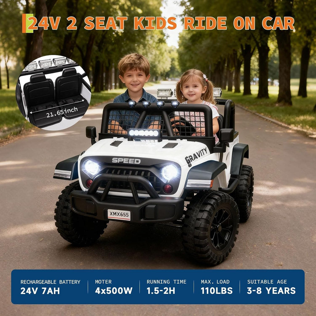 24V Ride on Car for Kids, 2 Seater Electric Truck with Parent Remote Control, Spring Suspension, 2 Speeds, LED Headlight & Music Player, Kids Electric Vehicle for Aged 3-8 Years, White