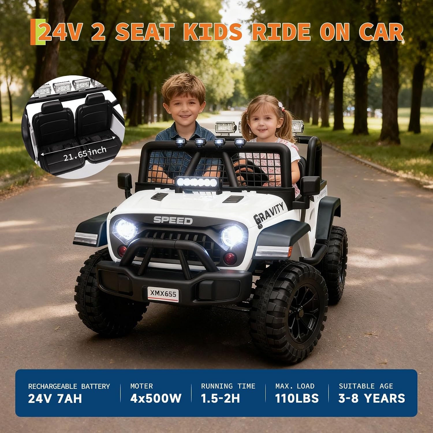 24V Ride on Car for Kids, 2 Seater Electric Truck with Parent Remote Control, Spring Suspension, 2 Speeds, LED Headlight & Music Player, Kids Electric Vehicle for Aged 3-8 Years, White