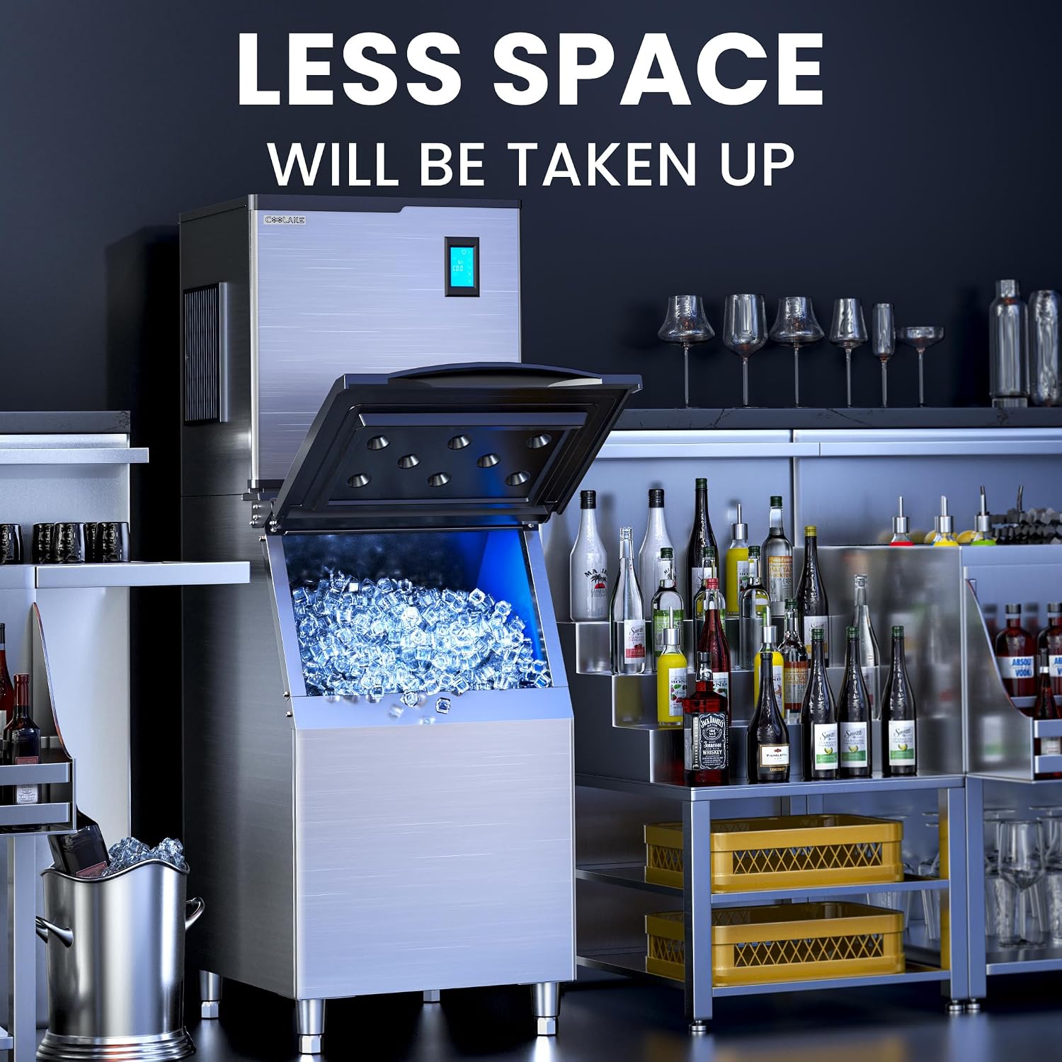 Coolake Commercial Ice Maker Machine 450lbs with 360lb Large Storage, 22 Inch Full Cube Air Cooled Stainless Steel Freestanding Ice Machine for Restaurant Church Hotel, DOE ETL Listed
