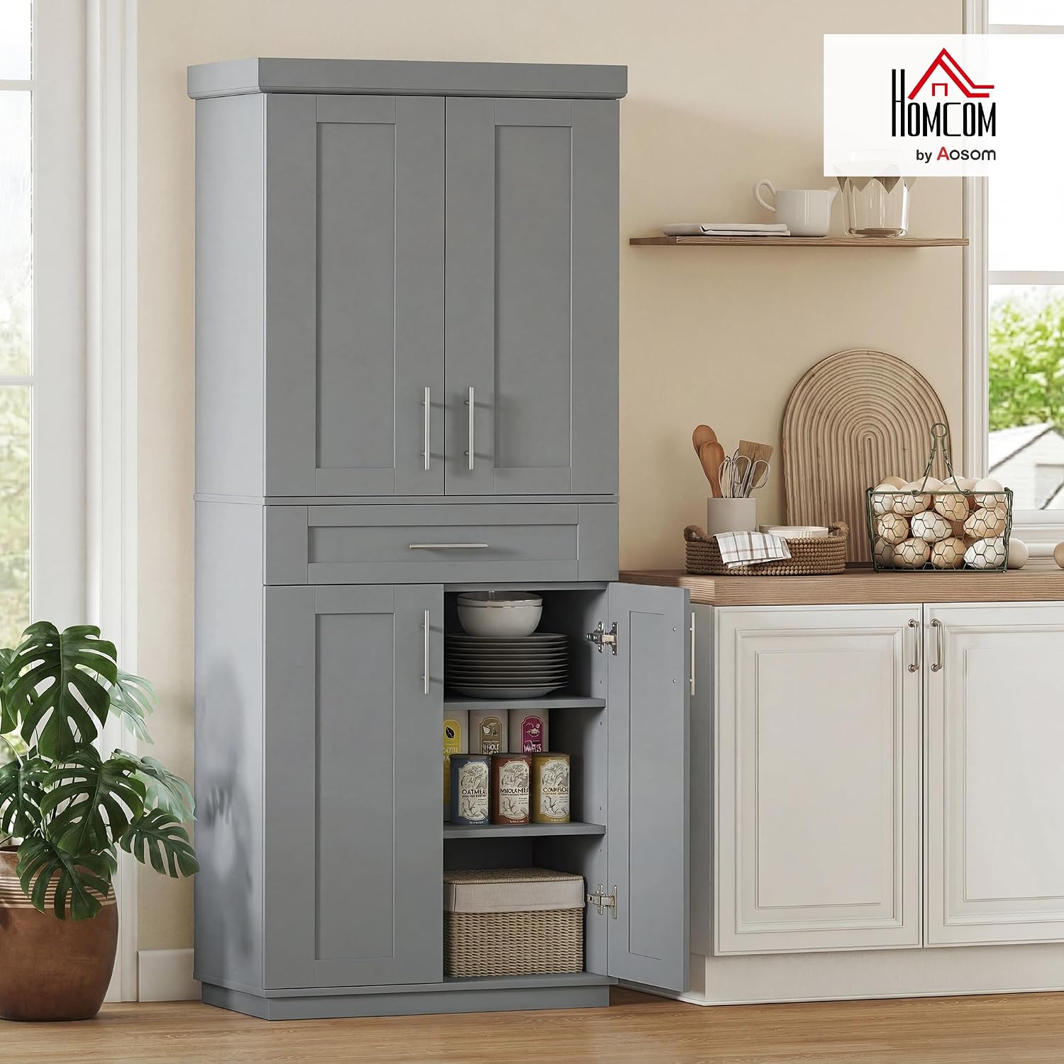 HOMCOM 72' Kitchen Pantry Cabinet, Freestanding Tall Storage Cabinet with 4 Doors, Drawer and 3 Adjustable Shelves for Dining Room, Gray