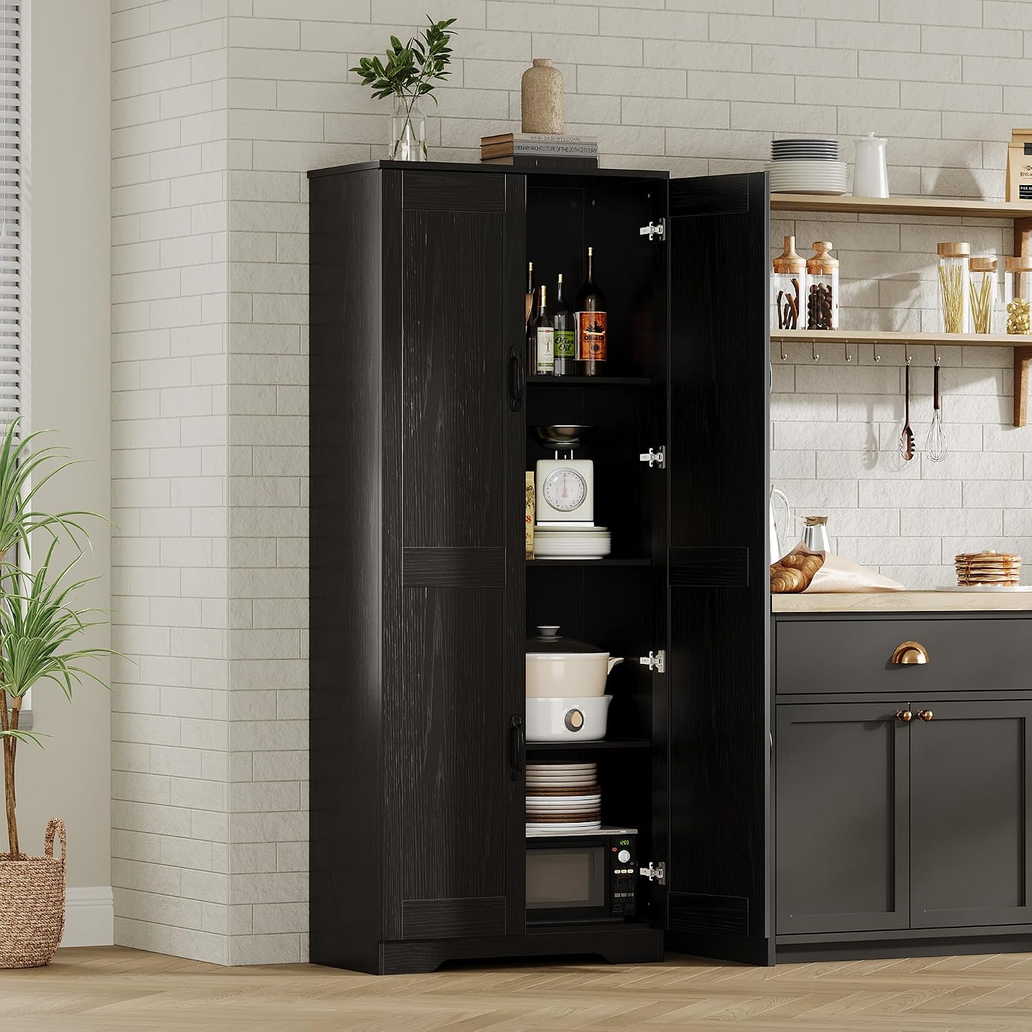 GAOMON Adjustable Shelf Storage Cabinet 60' Tall Black, 2-Door Pantry with Shelves for Kitchen Organization, Bathroom Storage, Living Room
