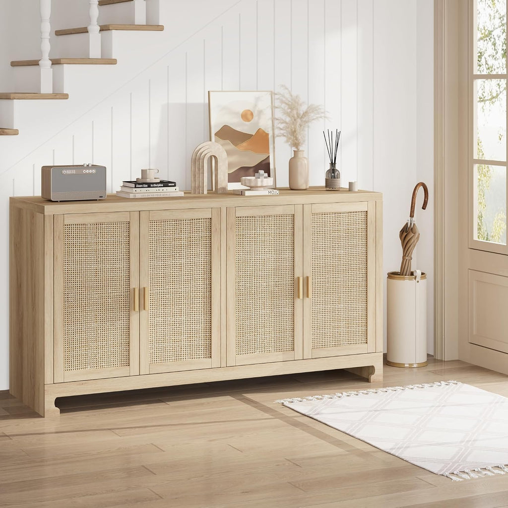 GarveeHome 60 in Farmhouse Rattan Buffet Cabinet - 4-Door Woven Storage Sideboard with Adjustable Shelves, Kitchen Console Table for Dining Room & Living Room Entryway (Oak Brown)