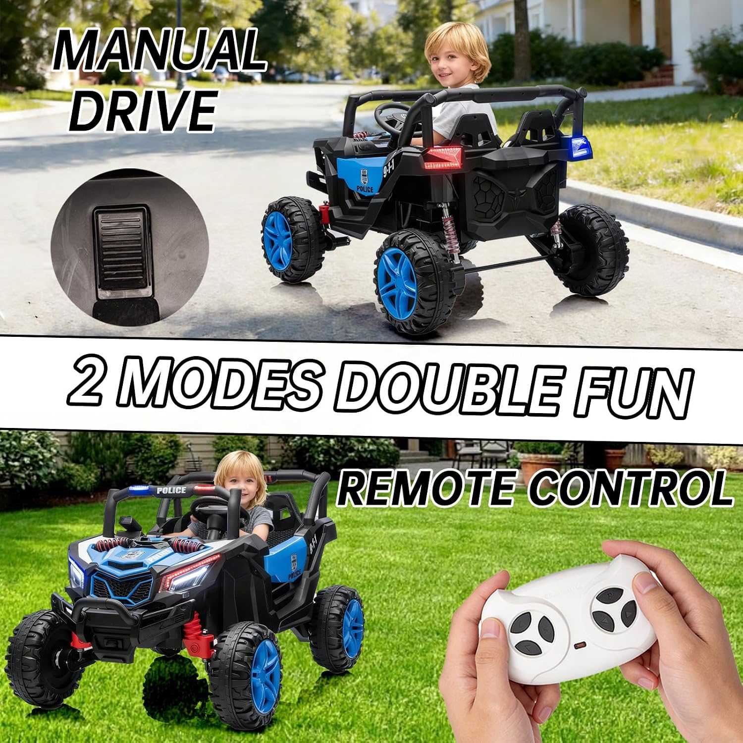 Kid Police 4WD UTV 24V Ride On Toys for Big Kids 2 Seater Ride On Toys Kids | 2 Seater Ride On Car for Kids Side-by-Side UTV Electric Cars for Kids Electric Ride Car Ride On Toys for Kids 4-8