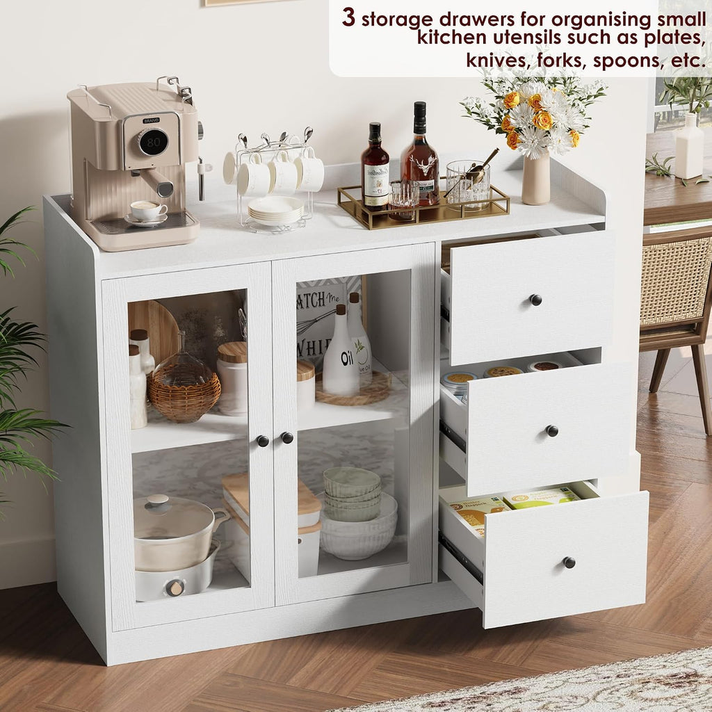 Takywep Kitchen Storage Cabinet, Wooden Coffee Bar with 3 Drawers & Double Doors, Sideboard Buffet Cabinet for Kitchen, Living Room, Entryway, Bathroom, White