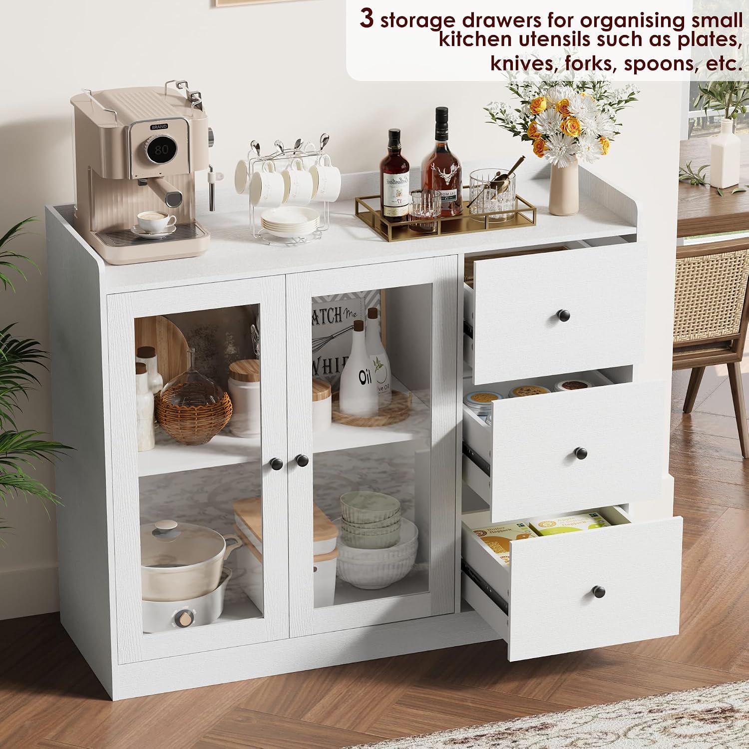 Takywep Kitchen Storage Cabinet, Wooden Coffee Bar with 3 Drawers & Double Doors, Sideboard Buffet Cabinet for Kitchen, Living Room, Entryway, Bathroom, White