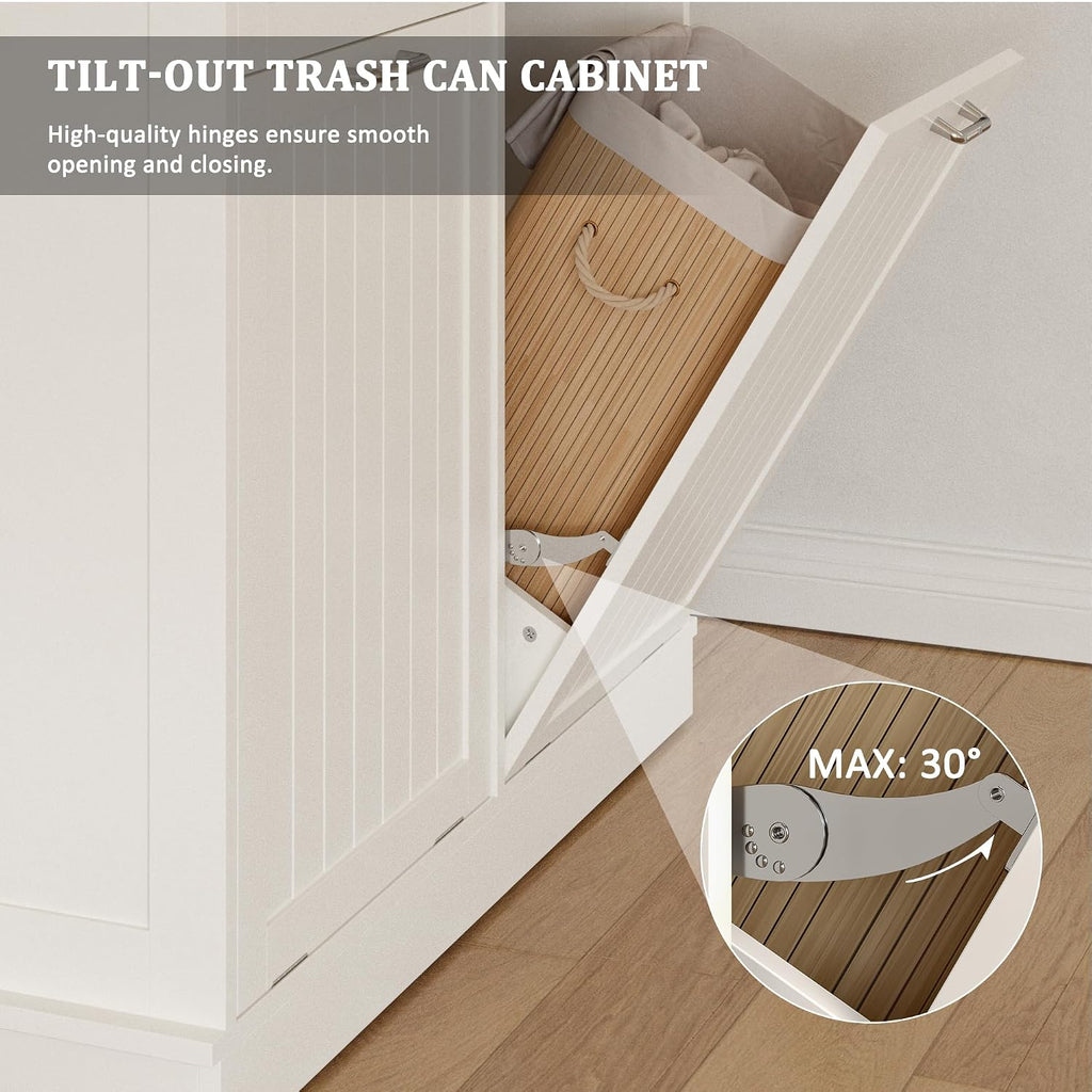 KIGOTY Double Tilt Out Trash Can Cabinet, 20 Gallon Hidden Trash Storage Cabinet with 2 Hideaway Drawers, Freestanding Trash Can for Kitchen, Wooden Laundry Hamper Cabinet, Pet Proof (White-Walnut)