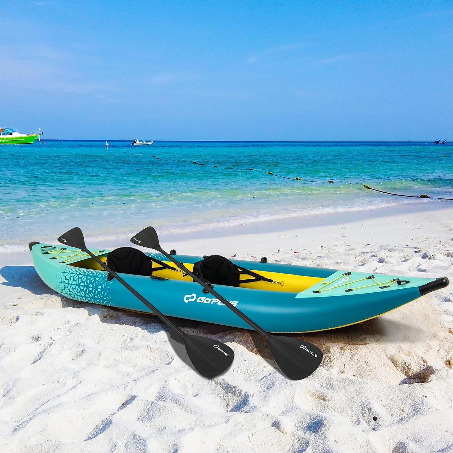 Goplus Tandem Inflatable Kayak, 12.5FT 2-Person Kayak for Adults w/507 LBS Weight Capacity, 2 Aluminium Oars, Padded Seat, 2 Fins, Hand Pump, Carry Bag, Repair Kit, Portable Touring Kayaks