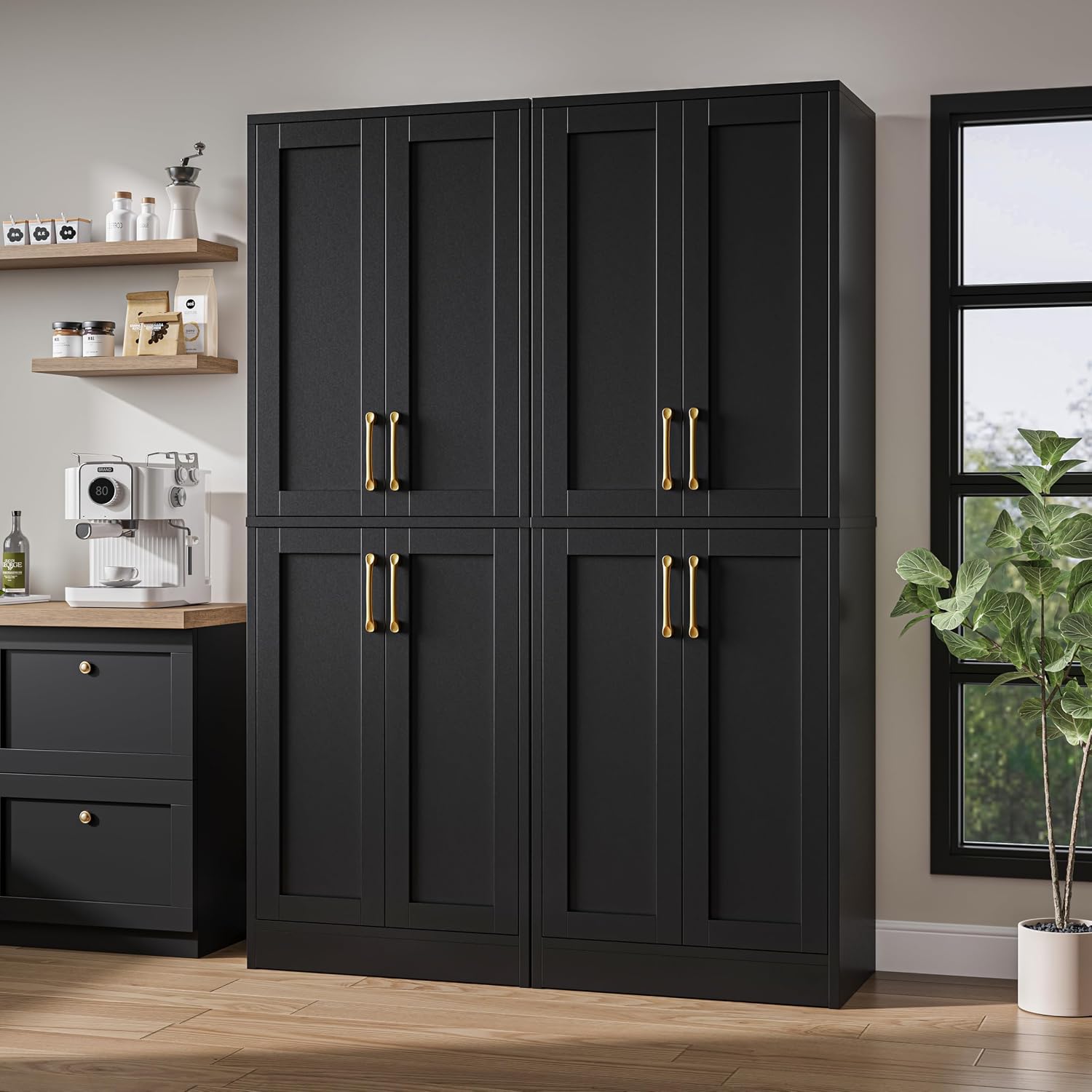 Storage Cabinet - Pantry Organizers and Storage with 4 Doors and Adjustable Shelves, Tall Bathroom Cabinet Freestanding Narrow Kitchen Cupboard for Dining Room Living Room, Laundry, Black