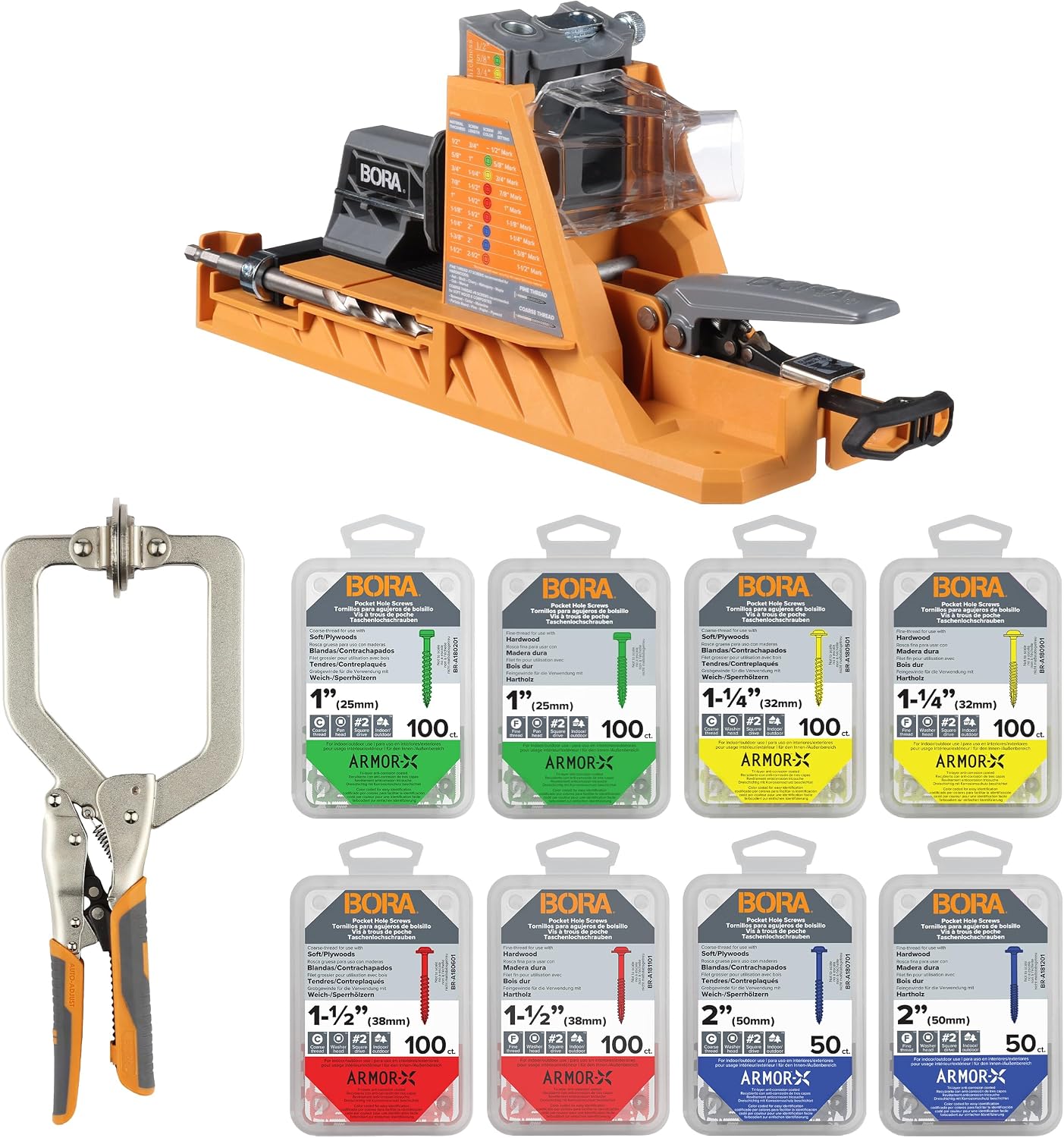 BORA Automatic Pocket Hole Jig with 750 pc Screw Set & 3 inch Face Clamp, Auto Adjusting Drill Guide, Pocket Hole Jig Kit for Woodworking - For Materials 1/2 inch to 1 1/2 inch Thick